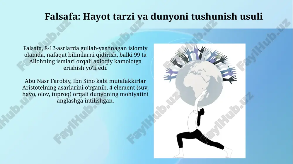 i fan doirasidan tashqarida bo'lishi mumkin, lekin insoniyat tushunchasiga chuqurlik qo'shadi. mashhur faylasuflarning hayotiy saboqlari immanuel kantning kategorik imperativi, axloqiy burchga asoslangan, har bir harakatni universal qonun sifatida tasavvur qilib, 1785-yilda amaliy bo'lishga o'rgatadi. epiktetning fikricha, tashqi voqealarga emas, balki o'z fikrlarimizga nazoratni o'rnatish orqali 1095-yildan boshlab xotirjamlikka erishish mumkinligini uqtiradi. falsafaning zamonaviy jamiyatdagi o'rni falsafa zamonaviy jamiyatda tanqidiy fikrlashni rivojlantiradi, bu 21-asr muammolarini hal qilishda muhim, global miqyosdagi axborot oqimini baholashga yordam beradi. axloqiy dilemmalar, masalan, sun'iy intellektning rivojlanishi, falsafiy tahlilni talab qiladi. falsafa jamiyatning axloqiy yo'nalishini shakllantiruvchi asosiy 4 ta yo'nalishni o'rganadi. e'tiboringiz uchun rahmat image2.png image3.jpg image4.jpg image5.jpg image6.jpg image7.jpg image8.jpg image9.jpg image10.jpg image11.jpg image12.jpg image13.jpg image14.jpg image1.png