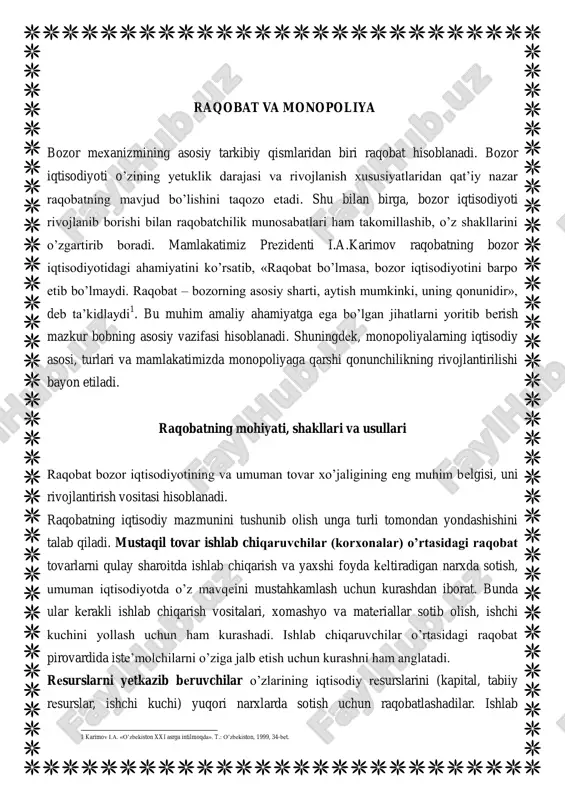 chunki har bir mulk egasining o’z manfaati bo’lib, ular shu manfaatga erishish uchun intiladi. mulk egasining tovar ishlab chiqarish va barcha boshqa sohalardagi faoliyati shu manfaatga bo’ysundirilgan bo’ladi. bu jihatdan qaraganda raqobat erkin iqtisodiy faoliyat qiluvchi sub’ektlar manfaatlarining to’qnashuvidan iborat bo’lishini aniq tavsiflaydi. raqobat iste’molchi va xaridorlar o’rtasida ishlab chiqaruvchi va sotuvchilar o’rtasida raqobat ko’proq naflilikka erishish ko’proq foyda olish asosiy maqsadlari mavjud bo’lishining boshqa sharti tovar-pul munosabatlarining ma’lum darajada rivojlangan bozor tizimida amal qilishidir. raqobatning mazmuni uning vazifalarini ko’rib chiqish orqali yanada kengroq namoyon bo’ladi. hozirgi bozor iqtisodiyotida raqobatning quyidagi asosiy vazifalarini ajratib ko’rsatish mumkin: 1) tartibga solish vazifasi; 2) resurslarni joylashtirish vazifasi; 3) innovatsion vazifa; 4) moslashtirish vazifasi; 5) taqsimlash vazifasi; 6) nazorat qilish vazifasi. raqobatning tartibga solish vazifasi ishlab chiqarishni talab (iste’mol)ga muvofiqlashtirish maqsadida taklifga ta’sir o’tkazishdan iborat. aynan shu vazifa yordamida iqtisodiyotda taklifning talab orqali, ishlab chiqarish tarkibi va hajmining yakka tartibdagi va ijtimoiy ehtiyojlar orqali …