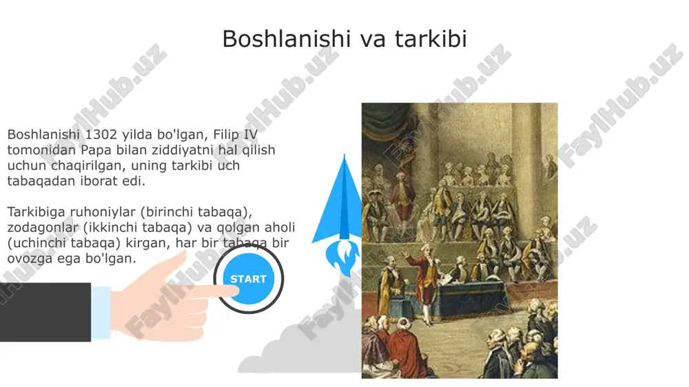 shgan bo'lib, ular o'q-dorilar va qurol-yarog' izlashgan, bu esa siyosiy tartibsizlikning kuchayishiga sabab bo'lgan. 06 05 04 inson va fuqaro huquqlari deklaratsiyasi 01 02 deklaratsiya 1789-yilda qabul qilingan boʻlib, insonlarning tabiiy va ajralmas huquqlarini, jumladan, erkinlik, mulk va xavfsizlikni taʼminlashni maqsad qilgan. deklaratsiyaning 6-moddasi qonun oldida tenglikni eʼlon qildi va barcha fuqarolar uchun qobiliyatiga koʻra davlat lavozimlariga kirish huquqini kafolatladi. estate-generalning merosi bosh shtatlarning faoliyati fransiyada monarxiya hokimiyatini cheklashga urinishlar bilan bog'liq bo'lib, bu jarayon buyuk fransuz inqilobiga (1789) olib keldi. bosh shtatlar 1302-yilda filipp iv tomonidan tuzilgan bo'lib, jamiyatning uchta tabaqasini (ruhoniylar, zodagonlar va uchinchi tabaqa) ifodalagan maslahat organi edi. e'tiboringiz uchun rahmat image6.jpg image7.jpg image8.jpg image9.jpg image10.jpg image11.jpg image12.jpg image13.jpg image14.jpg image15.jpg image16.jpg image1.jpeg image2.jpeg image3.jpeg image4.jpeg