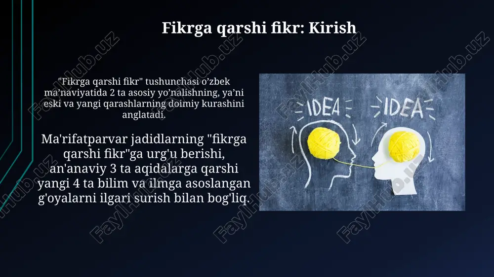 murosaga erishish: fikrlar o'rtasidagi ko'prik muloqotning 5 asosiy elementi: tinglash, savol berish, tushunish, baham ko'rish va hurmat qilish orqali 2 tomonlama fikr almashinuvini ta'minlash murosaga yo'l ochadi. murosaga erishishda empatiya muhim. o'z fikringizni himoya qilishdan oldin, boshqa odamlarning qarashlarini tushunish uchun vaqt ajrating, ularning motivatsiyasini anglash zarur. kelajak istiqbollari: fikrlar erkinligi va rivojlanish kelajak istiqbollari raqamli texnologiyalarni o'z ichiga oladi, bu esa 2024-yilda fikrlar erkinligini oshiradi va ma'lumot almashinuvini 75% ga tezlashtiradi. konstitutsiyaviy kafolatlar muhim rol o'ynaydi; 1992-yilgi konstitutsiyada so'z erkinligi rivojlanishning asosiy omili sifatida belgilangan. e'tiboringiz uchun rahmat image2.jpg image3.jpg image4.jpg image5.jpg image6.jpg image7.jpg image8.jpg image9.jpg image10.jpg image11.jpg image12.jpg image13.jpg