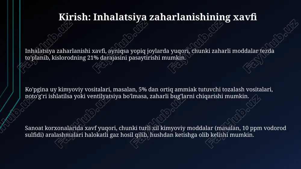 nafas yo'llari ochilishi kuzatiladi. go'daklarda nafas yo'llarini tozalash uchun boshni qo'llab, 5 marta orqaga uriladi va keyin ko'krak qafasiga 5 marta bosiladi. bu bosim ob'ektni chiqarib yuborishi mumkin. kislorod bilan ta'minlash kislorod bilan ta'minlash usuli zaharlanish turiga bog'liq. niqob orqali 6-10 litr/minut, burun kanulasi orqali 2-6 litr/minut berish mumkin, shuningdek, giperbarik kislorod terapiyasi ham qo'llanilishi mumkin. kislorod bilan ta'minlash zaharlanishda muhim, chunki u qondagi kislorod miqdorini oshiradi, 100% gacha kislorod berish toksinlarning ta'sirini kamaytiradi. kislorod bilan davolash asoratlari minimal bo'lsa-da, uzoq muddatli 100% kislorod berish o'pka shikastlanishiga olib kelishi mumkin, shuning uchun ehtiyotkorlik va monitoring zarur, ayniqsa 24 soatdan ortiq davom etsa. sun'iy nafas oldirish va yurak massaji sun'iy nafas oldirishda, har bir nafas 1 soniya davom etishi, ko'krak qafasining ko'tarilishini ta'minlashi va bemorning o'pkasiga kislorod yetkazish kerak. yurak massajini o'tkazishda, ko'krak qafasini taxminan 5-6 sm chuqurlikda bosish va daqiqasiga 100-120 marta tezlikda bajarish hayotni saqlab qolishda muhim. 30 marta …