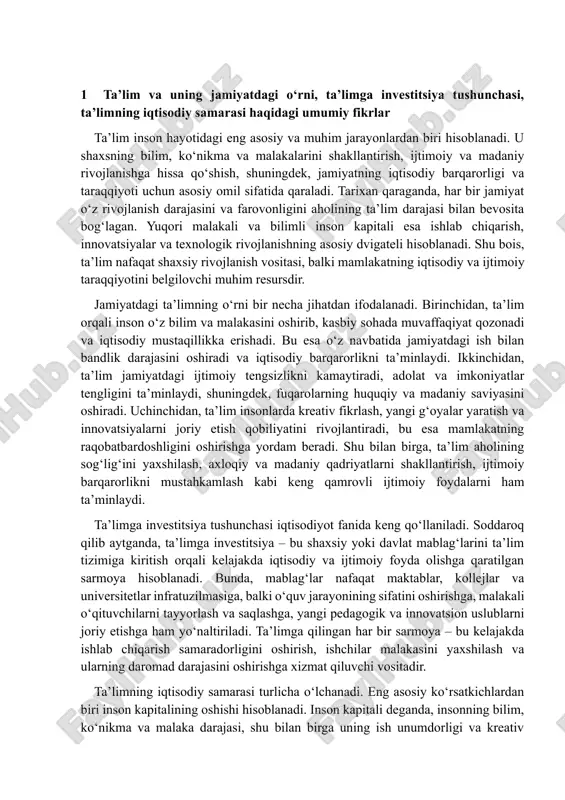 imoiy barqarorlikni mustahkamlash kabi keng qamrovli ijtimoiy foydalarni ham ta’minlaydi. ta’limga investitsiya tushunchasi iqtisodiyot fanida keng qo‘llaniladi. soddaroq qilib aytganda, ta’limga investitsiya – bu shaxsiy yoki davlat mablag‘larini ta’lim tizimiga kiritish orqali kelajakda iqtisodiy va ijtimoiy foyda olishga qaratilgan sarmoya hisoblanadi. bunda, mablag‘lar nafaqat maktablar, kollejlar va universitetlar infratuzilmasiga, balki o‘quv jarayonining sifatini oshirishga, malakali o‘qituvchilarni tayyorlash va saqlashga, yangi pedagogik va innovatsion uslublarni joriy etishga ham yo‘naltiriladi. ta’limga qilingan har bir sarmoya – bu kelajakda ishlab chiqarish samaradorligini oshirish, ishchilar malakasini yaxshilash va ularning daromad darajasini oshirishga xizmat qiluvchi vositadir. ta’limning iqtisodiy samarasi turlicha o‘lchanadi. eng asosiy ko‘rsatkichlardan biri inson kapitalining oshishi hisoblanadi. inson kapitali deganda, insonning bilim, ko‘nikma va malaka darajasi, shu bilan birga uning ish unumdorligi va kreativ salohiyati tushuniladi. tadqiqotlar shuni ko‘rsatadiki, yuqori malakali va bilimli ishchilar ishlab chiqarish jarayonida ko‘proq mahsulot yaratadi, xizmat sifatini oshiradi va innovatsion loyihalarni amalga oshirishga qodir bo‘ladi. shu bois, ta’limga …