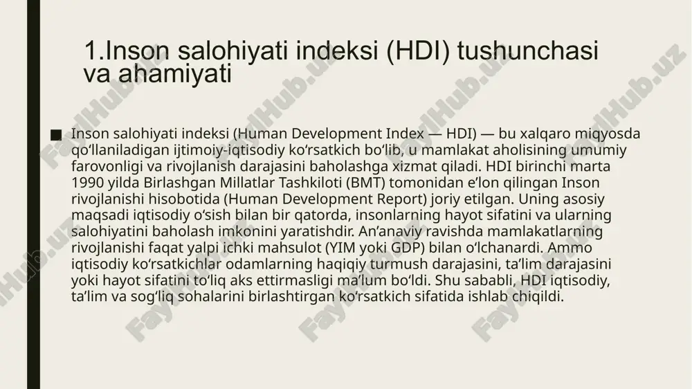 mamlakat aholisi moddiy farovonligini hamda iqtisodiy imkoniyatlarini aks ettiradi. daromad indeksi nafaqat odamlarning kundalik turmushini yaxshilashga, balki ularning ta’lim va sog‘liq xizmatlariga kirish imkoniyatlarini oshirishga ham xizmat qiladi. daromad ko‘rsatkichining yuqoriligi insonlarning ijtimoiy va iqtisodiy faolligini oshiradi va hayot sifatini yaxshilashga imkon yaratadi. ushbu uch komponent birgalikda hdini shakllantiradi va mamlakatning rivojlanish darajasini aniqlashda qo‘llaniladi. hayot davomiyligi sog‘liqni, ta’lim darajasi bilim va ko‘nikmalarni, daromad esa moddiy farovonlikni ifodalaydi. shu tarzda hdi nafaqat iqtisodiy rivojlanishni, balki insonlar hayotidagi muhim ijtimoiy ko‘rsatkichlarni ham hisobga oladi. hdi yordamida mamlakatlar o‘z rivojlanish strategiyasini aniqlay oladi, jamiyatdagi muammolarni aniqlaydi va resurslarni samarali taqsimlaydi. hdini tashkil etuvchi har bir ko‘rsatkich mamlakatlararo solishtirishda ham muhim rol o‘ynaydi. hayot davomiyligi past bo‘lgan davlatlar sog‘liqni saqlash tizimini yaxshilash, ta’lim ko‘rsatkichi past mamlakatlar ta’lim tizimini rivojlantirish, daromad indeksi past mamlakatlar esa iqtisodiy rivojlanish va ijtimoiy barqarorlikni oshirish bo‘yicha chora-tadbirlar ko‘rishi mumkin. shu tarzda, hayot davomiyligi, ta’lim darajasi va daromad ko‘rsatkichlari …