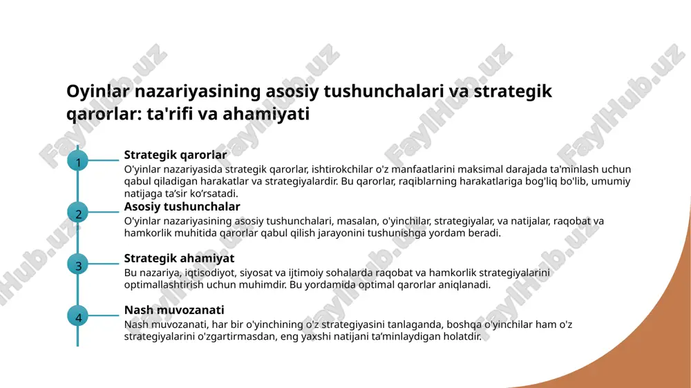 adi. iqtisodiy ta’sirlar nash muvozanati narxlar, ishlab chiqarish va bozor ulushlariga ta’sir qilib, iqtisodiy samaradorlik va resurslarni taqsimlashda muhim rol o‘ynaydi. rivojlanish imkoniyatlari nash muvozanati raqobatli muhitda yangi strategiyalar va siyosatlarni ishlab chiqishga imkon yaratadi, raqobatchilar uchun yangi imkoniyatlar ochadi. raqobatli muhitda nash muvozanati va uning iqtisodiy ta’siri r nash muvozanati nash muvozanati raqobatli muhitda strategik qarorlar natijasida o‘yinchilarning bir-biriga ta’sirini aniqlash uchun muhim tushunchadir. bu muvozanatda hech kim o‘z pozitsiyasini yaxshilash uchun o‘zgartirishga harakat qilmaydi. iqtisodiy ta’sir nash muvozanati raqobatli bozorlar va iqtisodiy faoliyatda barqarorlikni ta’minlaydi. bu holatda kompaniyalar va davlatlar o‘z strategiyalarini optimal tarzda tanlab, resurslarni samarali taqsimlaydi. strategik qarorlar nash muvozanati strategik qarorlar jarayonida raqobatchilarning harakatlarini hisobga olishga yordam beradi. bu, o‘zaro ta’sirda eng yaxshi strategiyalarni tanlashda muhim rol o‘ynaydi. rejalashtirish va rivojlanish nash muvozanati asosida iqtisodiy va siyosiy rejalashtirish amalga oshiriladi. bu muvozanatni tushunish rivojlanish va raqobat ustunligiga erishish uchun muhim vositadir. iqtisodiyotda o'yinchilar nazariyasining strategik …