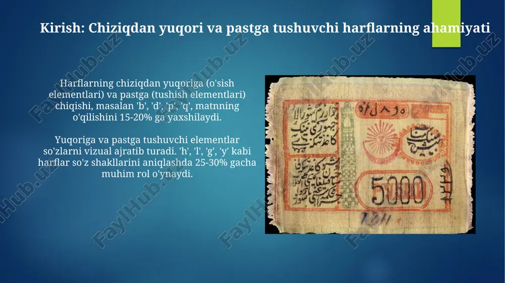 ba'zi shriftlarda 'h' harfining tepa qismi 'g' harfining pastki qismidan ancha uzun bo'lishi mumkin. shrift oilalarida og'irlik (masalan, yengil, o'rta, qalin) va kenglik (masalan, tor, normal, keng) kabi o'zgaruvchilar tepa va pastki qismlarning uzunligiga sezilarli ta'sir ko'rsatadi, bu esa o'qilish qulayligini o'zgartiradi. kaliyografiyada chiziqdan yuqori va pastga tushishni qo'llash xattotlikda harflarning yuqori va pastki qismlari, masalan, 'b' va 'g'ning uzunligi 1:1.5 nisbatda bo'lishi mumkin, bu esa matnning vizual muvozanatini ta'minlaydi. harflarning vertikal joylashuvi, ya'ni asosiy chiziqdan yuqori va pastga chiqishi, xatning umumiy ritmi va o'qilishiga sezilarli ta'sir ko'rsatadi hamda vizual qiziqish uyg'otadi. dizayn va o'qish qulayligiga ta'siri harflarning chiziqdan yuqori va pastga chiqishi matnning vizual ritmini yaratadi, bu esa o'quvchining diqqatini 25-30% gacha oshirishi mumkin, ayniqsa katta hajmli matnlarda. harflarning balandligi va pastligi o'rtasidagi nisbat (masalan, x-balandligi va tashqi uzunlik) shriftning 1.2:1 dan 1.5:1 gacha bo'lgan o'lchamlarini aniqlaydi, bu o'qish qulayligiga sezilarli ta'sir qiladi. xulosa: chiziqdan yuqori va pastga tushuvchi …