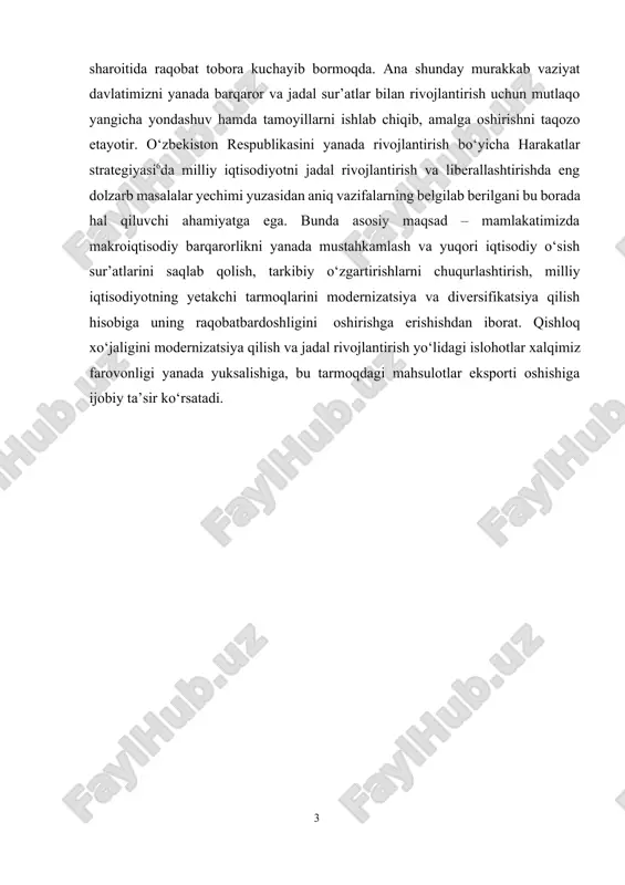boshqalaridan o‘tish davrining davomiyligi va faolligi bilan farq qiladi. shunga qaramasdan ularning barchasi bir xil bosqichlardan tashkiltopadi (1.1-rasm). 1.1-rasm. iqtisodiyotning davriy rivojlanishi iqtisodiy davrlar to‘rtta bosqichni o‘z ichiga oladi. birinchi bosqich iqtisodiy rivojlanishning eng yuqori darajasiga erishilgan bosqich bo‘lib, u «cho‘qqi» deb yuritiladi. bu iqtisodiyotda ish bilan to‘liq bandlik, ishlab chiqarish to‘la quvvatda ishlayotganligi, shuningdek, mahsulotlarning baho darajasining o‘sish holati kuzatiladi. keyingi bosqich pasayish (retsessiya) bosqichidir. bunda ishlab chiqarish va bandlik darajalari kamayadi, ammo bahoning o‘sish darajasi pasaymaydi. bu bosqich faol va uzoq davom etsagina bahoning o‘sish darajasi sustlashishi mumkin. pasayishning quyi nuqtasida ishlab chiqarish va bandlik eng quyi darajaga tushadi va turg‘unlik davri boshlanadi. ko‘tarilish bosqichida ishlab chiqarish va bandlik darajasi asta- sekin oshib, ishlab chiqarish quvvatlaridan to‘liq foydalanish va to‘liq bandlik darajasiga erishiladi. yuqorida ta’kidlaganimizdek, iqtisodiy davrlar bir xil bosqichlarga ega bo‘lsa-da, ammo ular davomiyligi va faolligiga ko‘ra o‘zaro farq qilib turadi. shuning uchun ham iqtisodchilar, bu jarayonlarni …