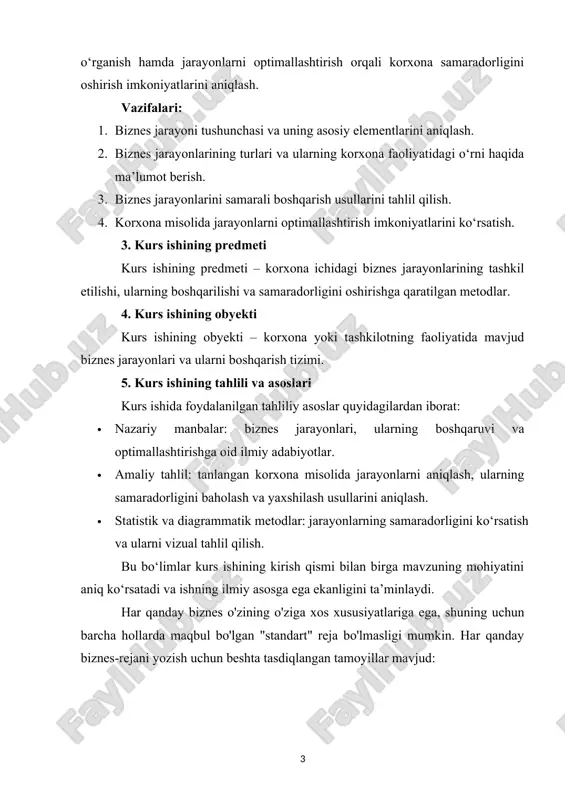 shqarish tizimi. 5. kurs ishining tahlili va asoslari kurs ishida foydalanilgan tahliliy asoslar quyidagilardan iborat: · nazariy manbalar: biznes jarayonlari, ularning boshqaruvi va optimallashtirishga oid ilmiy adabiyotlar. · amaliy tahlil: tanlangan korxona misolida jarayonlarni aniqlash, ularning samaradorligini baholash va yaxshilash usullarini aniqlash. · statistik va diagrammatik metodlar: jarayonlarning samaradorligini ko‘rsatish va ularni vizual tahlil qilish. bu bo‘limlar kurs ishining kirish qismi bilan birga mavzuning mohiyatini aniq ko‘rsatadi va ishning ilmiy asosga ega ekanligini ta’minlaydi. har qanday biznes o'zining o'ziga xos xususiyatlariga ega, shuning uchun barcha hollarda maqbul bo'lgan "standart" reja bo'lmasligi mumkin. har qanday biznes-rejani yozish uchun beshta tasdiqlangan tamoyillar mavjud: 1-bob. biznes rejaning nazariy asoslari 1.1korxona biznes-rejasining maqsadi. biznesni rejalashtirish (biznesni rejalashtirish) tadbirkorlik faoliyati bilan bevosita bog'liq bo'lgan rejalashtirilgan faoliyatning mustaqil turidir. "biznes" deb ataladi iqtisodiy faoliyat bozor iqtisodiyoti sub'ekti, muayyan mahsulotlarni (tovarlar, ishlar, xizmatlar) yaratish va sotish orqali foyda olishga qaratilgan. bozor sharoitida, agar siz uning rivojlanishini samarali …