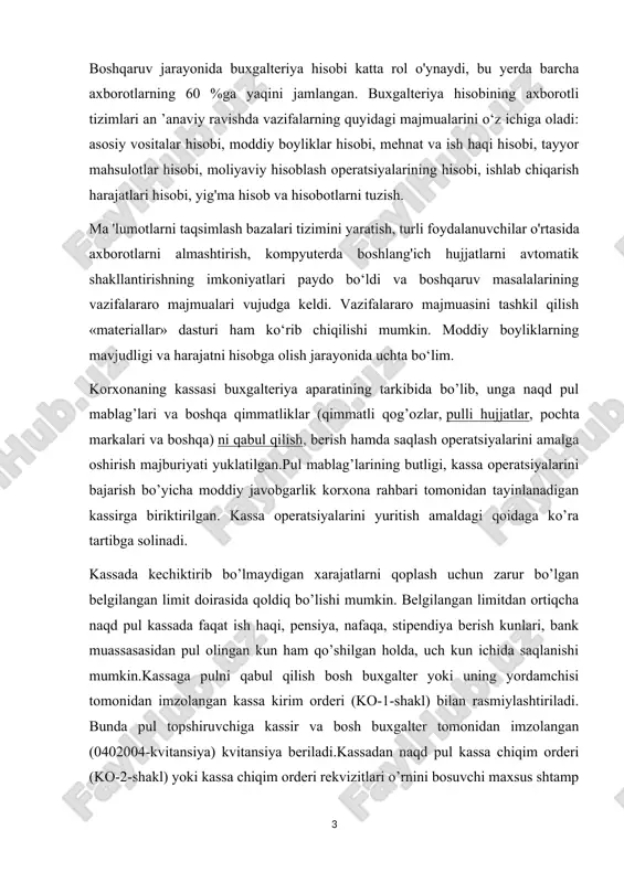 linadi. kassada kechiktirib bo’lmaydigan xarajatlarni qoplash uchun zarur bo’lgan belgilangan limit doirasida qoldiq bo’lishi mumkin. belgilangan limitdan ortiqcha naqd pul kassada faqat ish haqi, pensiya, nafaqa, stipendiya berish kunlari, bank muassasasidan pul olingan kun ham qo’shilgan holda, uch kun ichida saqlanishi mumkin.kassaga pulni qabul qilish bosh buxgalter yoki uning yordamchisi tomonidan imzolangan kassa kirim orderi (ko-1-shakl) bilan rasmiylashtiriladi. bunda pul topshiruvchiga kassir va bosh buxgalter tomonidan imzolangan (0402004-kvitansiya) kvitansiya beriladi.kassadan naqd pul kassa chiqim orderi (ko-2-shakl) yoki kassa chiqim orderi rekvizitlari o’rnini bosuvchi maxsus shtamp qo’yilgan talabga muvofiq rasmiylashtirilgan hujjatlar (to’lov qaydnomai, pul berish to’g’risida ariza, schyotlar va b.) bo’yicha beriladi. kassadan pul rahbar va bosh buxgalter yoki ular vakolat bergan shaxslar tomonidan imzolangan hujjatlar bo’yicha beriladi. agar kassa chiqim orderlariga ilova qilinadigan pul berish to’g’risidagi hujjatlarda rahbarning imzosi bo’lsa, kassa chiqim orderlariga imzo qo’yish shart emas.kirim kassa orderlari, uning kvitansiyalari va kassa chiqim orderlari buxgalter tomonidan aniq qilib yoziladi. …