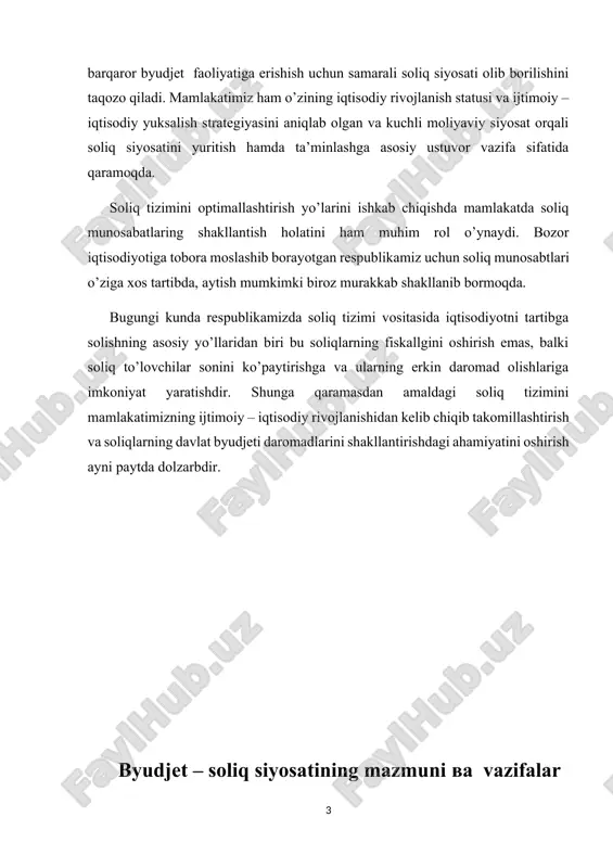 soliq su’byektlariga nisbatan qulay soliq muhitini yaratish soliq mexanizmi alohida ahamiyat kasb etadi . soliq mexanizmi davlat tomonidan soliq munosabatlarini tashkil etish uchun qo’llaniladigan soliqqa tortish jarayonining elementlari va ularni boshqarishning yig’indisini ifodalaydi. ya’ni soliq mexanizmi soliq munosabatlarini tashkil qilish usullari yig’indisi bo’lib , iqtisodiy va ijtimoiy rivojlanishda qulay sharoitlar yaratish maqsadida davlat tomonidan ishlab chiqiladi. davlat byudjeti davlatning yirik markazlashgan pul fondi bo’lib , davlatning funksiyalarini bajarishga asoslangan iqtisodiy kategoriya hisoblanadi. iqtisodiy abadiyotlarda ko’pchilik yetakchi iqtisodchi – olimlar tomonidan davlat budjetini davlatning yirik markazlashgan pul fondi va asosiy moliya kategoriyasi ekanligini qayd etadi. byudjet “g’azna” degan ma’noni bildirib , bu davlat va mahalliy o’z – o’zini boshqarish vazifalari va funksiyalarini moiyaviy ta’minlash uchun mo’ljallangan pul mag’lablari jamga’rmalarini to’plash va sarflash shaklidir . g’azna so’zi mohiyati ham davlatning qo’lida markazlashtirilgan pul jamg’armalarining tashkil etilishi va davlatning siyosatini amalga oshirish bilan bog’liq xarajatlar yuzasidan pul munosabatlarini bildiradi . davlat byudjeti moliya …