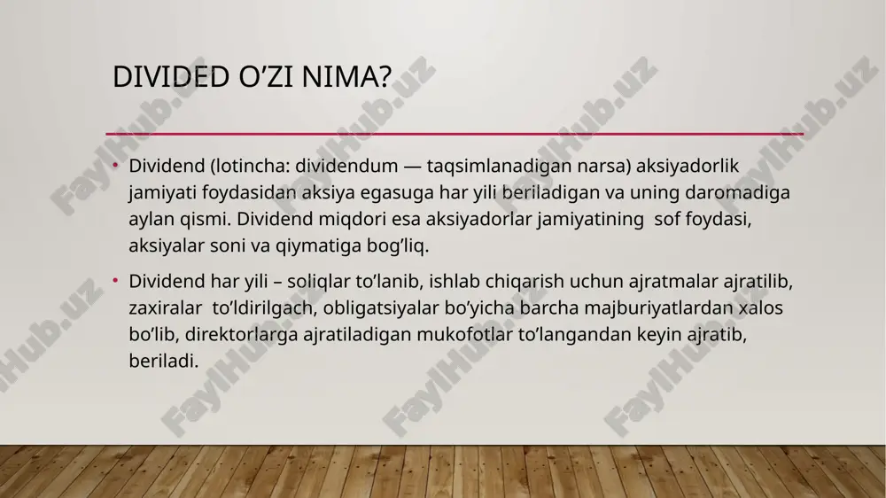 da dividend siyosati – jamiyatning sof foydani aksiyadorlar o’rtasida taqsimlanishi borasida qabul qiladigan qarorlari majmuasi. sof foyda – jamiyatning barcha soliq to’lovlaridan qolgan uning ixtiyoridagi foydasi dividend to’lovlari fondi – jamiyatning oddiy aksiyalariga dividendlar to’lash uchun yo’naltirayotgan sof foydaning miqdori. dividend siyosatining maqsadi nima? dividend siyosatining asosiy maqsadi dividendlar to’lashning qarorlarini qabul qilish, miqdorini belgilash, ularni to’lash tartibi va muddatini shaffof va aksiyadorlarga tushunarli mexanizmni belgilash. jamiyatlar dividend to’lovlarining qoldiq siyosatiga amal qiladi. qoldiq siyosati haqida qoldiq siyosati – jamiyat o’zining investitsion harajatlarini qoplab olingandan so’ng, sof foydani qolgan qismini dividend to’lash fondiga yuborishni nazarda tutadi. dividend siyosati, jamiyatning rivojlanish strategiyasida belgilangan maqsadlar va vazialardan kelib chiqib, jamiyat aksiyadorlar yig’ilishida yangi dividend siyosati qabul qilinganigacha davom etadi. xulosa bu taqdimot qisqacha, aksiyadorlik jamiayatlarining dividend va uning siyosati haqida edi. uning maqsad va vazifalari haqida ham birlamchi ma’lumotlar berildi. umumiy ma’noda aksiyadorlik jamiyatlarida dividend siyosati muhim o’rin tutadi. foydalanilgan manbalar umarxodjayeva. …