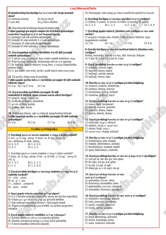 og‘li. a) 1, 3, 6 v) 1, 2, 4, 5, 6 s) 1, 3, 5, 6 d) 2, 4, 5 5. quyida berilganlardan tarkibida ng harflar birikmasi ishtirok etgan so‘zlarni aniqlang. 1) dengiz; 2) singan; 3) kongress; 4) ko‘rdingiz; 5) tonggi; 6) osmonga. a) 1, 4, 5, 6 b) 2, 3, 5, 6 s) 1, 4, 5 d) 1, 2, 3, 4, 6 6. quyida berilganlardan tarkibida ng harflar birikmasi ishtirok etmagan so‘zlarni aniqlang. 1) sening; 2) donga; 3) shtanga; 4) qonguncha; 5) yengil; 6) ko‘ngach. a) 2, 3, 5, 6 v) 1, 3, 4, 5 c) 2, 3, 4, 6 d) 1, 2, 4, 6 7. qaysi javobdagi barcha so‘zlar tarkibida til orqa burun undoshi qatnashgan? a) so‘nggi, kongress, tungi b) jarang, singil, bugungi c) tong, shtanga, ko‘rdingiz d) tongi, yengildi, dengiz 8. ko‘p tilni bilish bitta qulfni ocha oladigan bir nechta kalitga ega bo'lishdir. ushbu gapdagi tarkibida jarangsiz …
