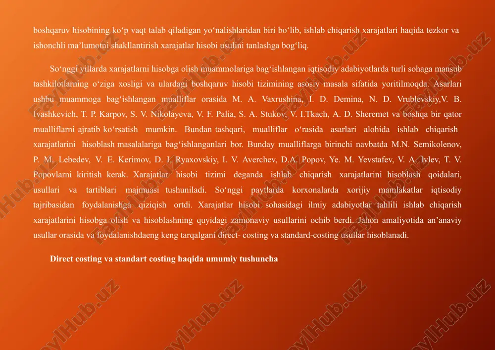zimi tashkilotda qabul qilingan meʼyorlarga muvofiq standart xarajatlarni aniqlashga asoslangan. shu bilan birga, ushbu normalar nafaqat hisobot davri boshlanishidan oldin, balki davomida ham oʻzgartirilishi mumkin. bu usuldan foydalanilganda alohida xarajat moddalarining moliyaviy natijaga\ taʼsirini hamda ularning standartlardan chetga chiqishini aniqlash mumkin. ushbu usulning kamchiliklari-sarf-xarajatlar standartlarini hisoblash va belgilash boʻyicha tavsiyalarning yoʻqligi, shuningdek, resurs narxlarining bogʻliq boʻlgan tashqi muhit va inflyatsiya oʻzgarishiga bogʻliqligi. bundan tashqari, hisob-kitoblarning murakkabligi ham bu yerda mavjud.[10] xorijiy amaliyotida ushbu ikki usulning analoglari bor, masalan, xarajatlarni hisobga olishning jarayonli va tartibga solish normativ(me’yoriy) usullari.[9] eʼtibor bering, mamlakatimizda korxonalar koʻpincha ushbu tizimlarning ayrim elementlaridan foydalanadilar. korxonani barqaror rivojlantirish konsepsiyasi doirasida optimallashtirish tamoyillaridan biri hisoblanadi. shunday qilib, ushbu prinsipga mos keladigan xarajatlarni hisobga olish va xarajatlarni hisoblash usullarini aniqlash kerak standard-costing tizimi tashkilotda qabul qilingan meʼyorlarga muvofiq standart xarajatlarni aniqlashga asoslangan. shu bilan birga, ushbu normalar nafaqat hisobot davri boshlanishidan oldin, balki davomida ham oʻzgartirilishi mumkin. bu usuldan foydalanilganda …