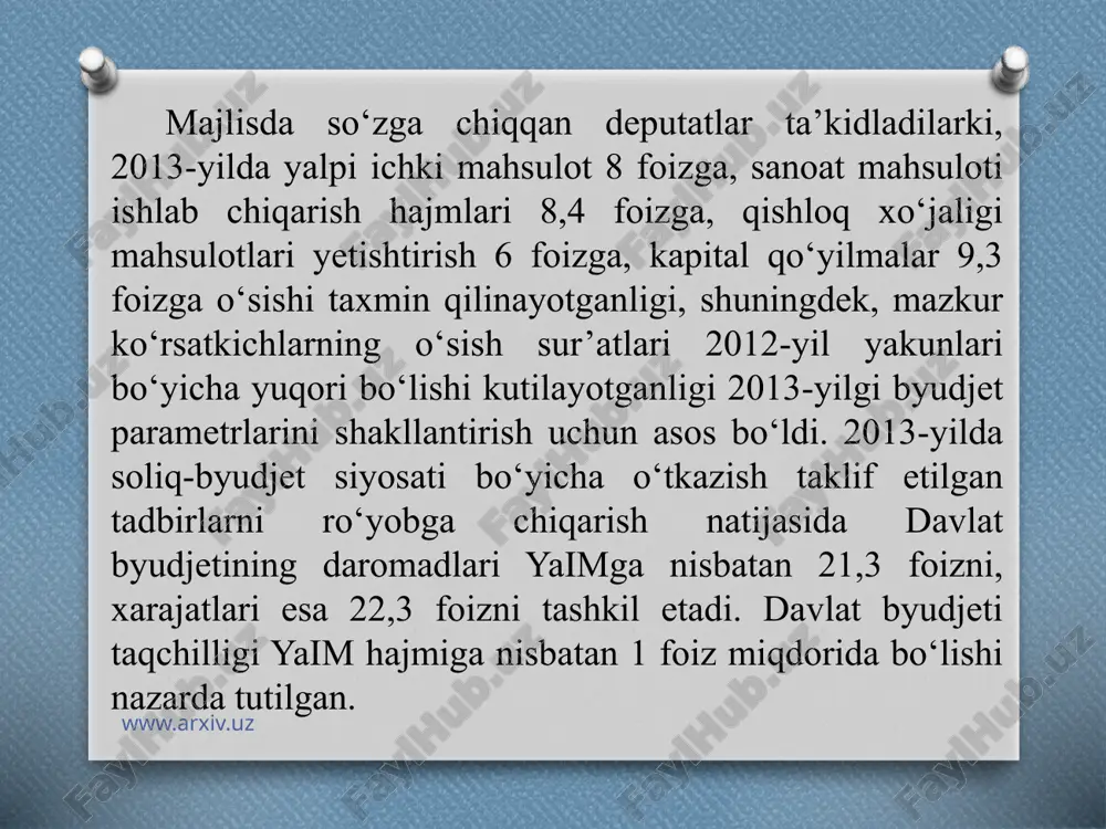 lgan fikr-mulohazalarni hisobga olgan holda oliy majlis qonunchilik palatasi o‘zbekiston respublikasining 2013-yilgi davlat byudjetini ma’qullab va tasdiqlab, tegishli qaror qabul qildi. o‘zbekiston respublikasi oliy majlisi qonunchilik palatasi axborot xizmati www.arxiv.uz hisob va iqtisodiy tahlil xo`jalikni boshqarishda asosiy vosita bo`lishi kerak. binobarin, korxonalar, konsernlar, birlashmalarni mahsulot ishlab chiqarish jarayoni va natijalari kundalik hisob va hisobotda o`z aksini topadi. demak, iqtisodiy tahlil korxonalar faoliyatini nazorat qilishda, xo`jalik hisobini mustahkamlashda, iqtisodiy tejamni o`tkazishda, texnika taraqqiyotini jadallashtirishda, ilg’or tajribalarni tarqatishga, ish faoliyatida mavjud bo`lgan kamchiliklariga barham berishda va ichki xo`jalik rezervlarini aniqlashda muhim vosita sifatida qo`llaniladi. www.arxiv.uz iqtisodiy tahlil qilish - dialektikaning muhim xususiyatidir. www.arxiv.uz doimo harakat o`zaro aloqa va o`zaro boh`liqlik sabab-oqibat koordinatsiya va subkoordinatsiya qarama-qarshilik miqdor o`zgarishidan sifat o`zgarishi inkorni- inkor va shu kabilardir iqtisodiy tahlil o`z faoliyatida dialektikaning asosiy tamoyillariga asoslanadi. ular quyidagilardan iborat: iqtisodiy hodisalarni o`rganish jarayonida dialektik bilish usuli- tahlil(analiz) va umumiylik (sintez) usullaridan foydalaniladi. analiz grekcha « analysie …