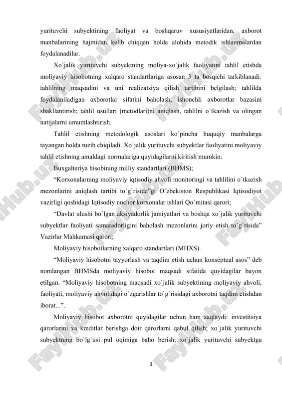 ormalariga quyidagilarni kiritish mumkin: buxgalteriya hisobining milliy standartlari (bhms); “korxonalarning moliyaviy iqtisodiy ahvoli monitoringi va tahlilini o`tkazish mezonlarini aniqlash tartibi to`g`risida”gi o`zbekiston respublikasi iqtisodiyot vazirligi qoshidagi iqtisodiy nochor korxonalar ishlari qo`mitasi qarori; “davlat ulushi bo`lgan aksiyadorlik jamiyatlari va boshqa xo`jalik yurituvchi subyektlar faoliyati samaradorligini baholash mezonlarini joriy etish to`g`risida” vazirlar mahkamasi qarori; moliyaviy hisobotlarning xalqaro standartlari (mhxs). “moliyaviy hisobotni tayyorlash va taqdim etish uchun konseptual asos” deb nomlangan bhmsda moliyaviy hisobot maqsadi sifatida quyidagilar bayon etilgan. “moliyaviy hisobotning maqsadi xo`jalik subyektining moliyaviy ahvoli, faoliyati, moliyaviy ahvolidagi o`zgarishlar to`g`risidagi axborotni taqdim etishdan iborat...”. moliyaviy hisobot axborotni quyidagilar uchun ham saqlaydi: investitsiya qarorlarini va kreditlar berishga doir qarorlarni qabul qilish; xo`jalik yurituvchi subyektning bo`lg`usi pul oqimiga baho berish; xo`jalik yurituvchi subyektga 4 ishonib topshirilgan resurslar munosabati bilan uning resurslariga, majburiyatlariga baho berish; rahbar organlarning ishiga baho berish. 1-bob. moliyaviy tahlilni tashkil etish va me’yoriy- huquqiy asoslari 1.1. moliyaviy tahlilni tashkil etish va …