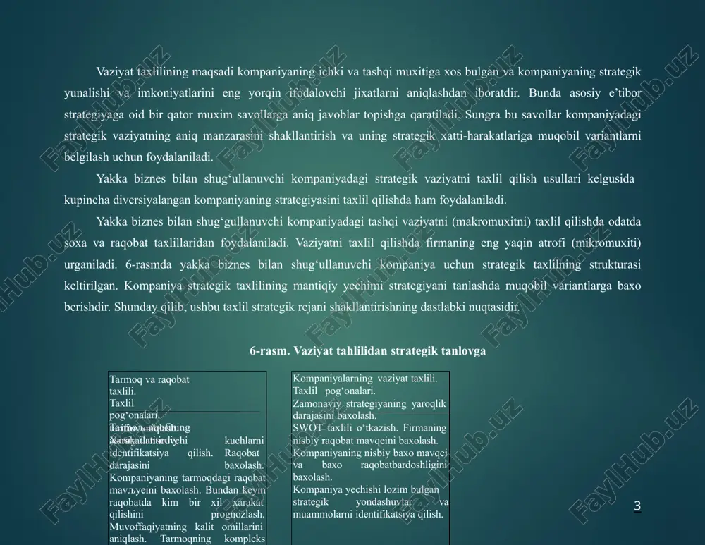jmi. 2. raqobat miqyosi (maxalliy , regional, dunyo). 3. bozorning o‘sish sur’atlari va uni rivojlanishining qaysi bosqichda ekanligi. raqobatchilar soni va ularning xajmi. xaridorlar soni va ularning moliyaviy imkoniyatlari. integratsiya qayerga qarab ketayapti? texnologik o‘zgarishlarning yo‘nalishi va sur’atlari. tarmoqqa kirish va undan chiqish osonligi. raqobatchilarning maxsuloti va xizmatlarining tabaqalanish darajasi. kompaniyaning ishlab chiqarish xajmi, transportirovka qilish , marketing va reklamani tashkil qilishda tejamkorlikka erishish imkonining borligi. 5 tarmoqdagi «o‘qitish / tajriba» egri chizig‘i ijobiy tendensiyaga egami? tarmoqqa zarur bo‘lgan kapital sarmoyalar qo‘yilyaptimi? tarmoqdagi daromad darajasi umumiy daromad darajasidan pastmi yoki yuqorimi? ushbu ko‘rsatkichlar bo‘yicha soxaning «portretini» tuzib, so‘ng uni taxlil qilib chiqish maqsadga muvofiqdir. buning uchun ushbu jadvalda ayrim iqtisodiy ko‘rsatkichlarning strategik jixatdan muximligiga doir ma’lumotlar keltirilgan. 3.1-jadval. tarmoqdagi asosiy iqtisodiy ko‘rsatkichlarning strategik axamiyati ko‘rsatkich ko‘rsatkichning strategik axamiyati bozorning kattaligi kichik bozorlarda katta va yangi raqobatchilarni jalb qilish tendensiyasi kuzatilmaydi; katta bozorlar muayyan tarmoqlarda raqobatli ustunlikni mustahkamlash maqsadida turli kompaniyalarni …