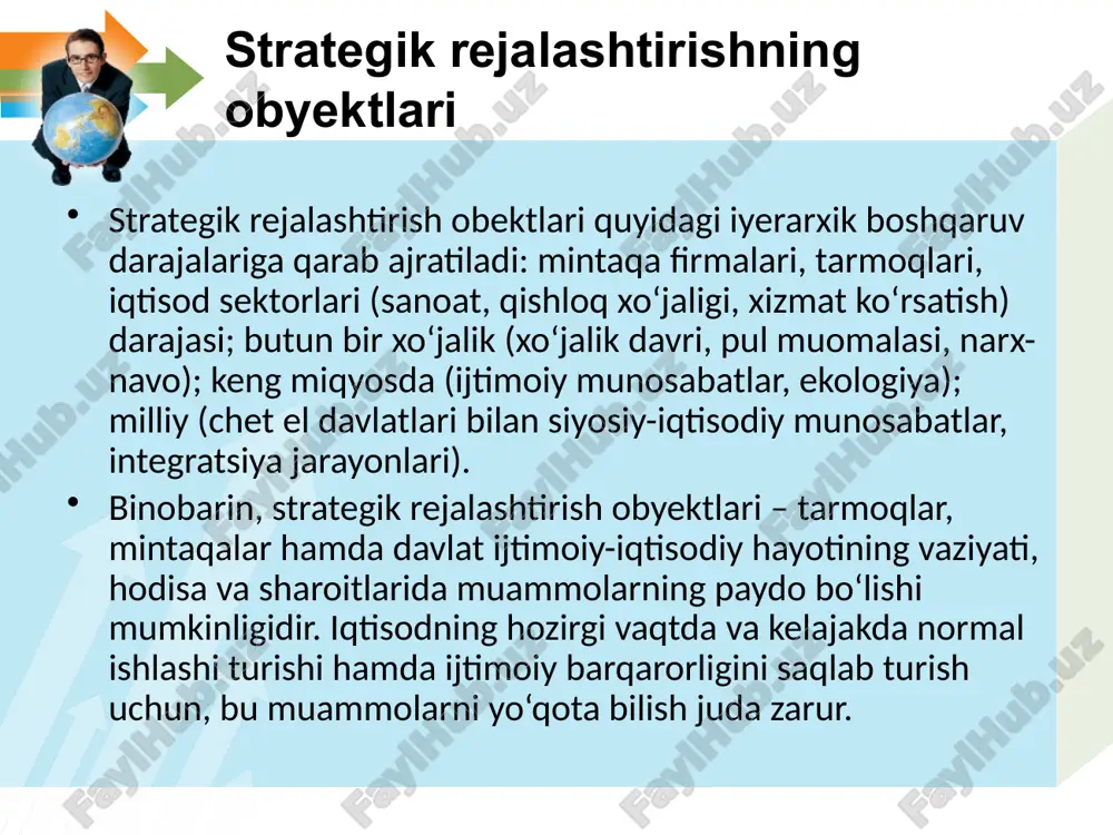 ’noda aniqlanmaganligidan iboratdir. barcha strategiyalarni uch xil alomatlar bo‘yicha tasniflash tavsiya qilinadi: beshta asos soluvchi strategiyaga mansubligi, raqobat ustunligiga erishish (global strategiya); biznes doirasi portfeli, boshqaruv strategiyasiga mansubligi (portfelli strategiya); tashqi va ichki sharoitga qarab qo‘llaniladigan strategiyaga mansubligi (funksional). tashkilot tashqi va ichki muhiti tahlili. «milliy romb» konsepsiyasi va tarmoqli klasterlar. tizimli xarita, nihoyatda umumlashtirilgan ko‘rinishga ega va strategik boshqarishning, u yoki bu vazifalarini yechish uchun qo‘llanishida aniqlashtirishni talab qiladi. «nima uchun davlatlararo raqobatda, biri muvaffaqiyatga erishsa, boshqalari mag‘lubiyatga uchraydi? iqtisodga bog‘langan bu savollardan, ehtimol, aynan shu bizning davrda ayniqsa ko‘proq yangraydi».- deb ta’kidlab o‘tadi taniqli iqtisodchi m.porter va asoslangan javob topishga harakat qiladi. bu muomala uning nazarida qo‘yilgan savolni oydinlashtirishga chaqirilgan «milliy romb» modelini shakllantiradi. tarmoqlar va boshqalar hayotiy davrining turli bosqichlaridagi raqobat strategiyasi. kashfiyot; qoloq texnologiya; manbalar narxining keskin o‘zgarishi; jahon moliyaviy bozorida yoki almashtirish kursida keskin o‘zgarish; mahalliy va xalqaro ehtiyojning keskin o‘zgarishi; mahalliy va chet el …