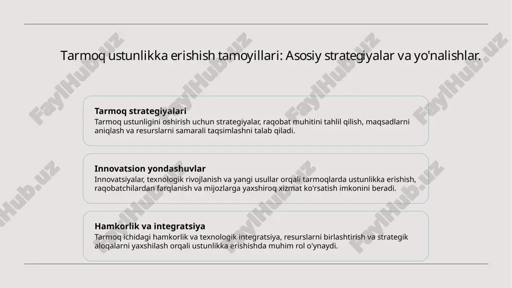 a ustunlikni olishda muhim rol o'ynaydi. raqobatni oshirishda innovatsion yondashuvlarni qo'llash. innovatsion yondashuvlar raqobatni oshirishda muhim ahamiyatga ega. ular yangi texnologiyalarni joriy etish, samaradorlikni oshirish va xarajatlarni kamaytirish orqali raqobatbardoshligini ta'minlaydi. masalan, raqamli transformatsiya va ma'lumotlarni tahlil qilish orqali korxonalar xaridorlar ehtiyojlariga tezroq javob bera olishadi. photo by emiliano vittoriosi on unsplash tarmoq samaradorligini oshirishda jarayonlarni optimallashtirish. 1 jarayonlarni tahlil qilish jarayonlarni tahlil qilish orqali mavjud jarayonlardagi muammolar aniqlanadi, bu esa samaradorlikni oshirish uchun zaruriy choralarni belgilaydi. 2 resurslarni optimallashtirish resurslarni optimallashtirish, ish jarayonlarida isrofni kamaytiradi va xarajatlarni boshqarishda muhim rol o'ynaydi, bu esa tarmoq samaradorligini oshiradi. 3 texnologiyalarni qo'llash zamonaviy texnologiyalarni joriy etish jarayonlarni avtomatlashtirish imkonini beradi, natijada ish samaradorligi va tezligi ortadi, raqobatbardoshlik oshadi. 4 doimiy takomillashtirish jarayonlarni doimiy takomillashtirish, tashkilotning ichki jarayonlarini nazorat qilish va rivojlantirish orqali tarmoq samaradorligini uzluksiz oshirishni ta'minlaydi. raqobatbardosh muhitda operatsion strategiyalarni shakllantirish. 1 operatsion strategiyalar raqobatbardosh muhitda operatsion strategiyalar, tashkilotning resurslarini optimal …
