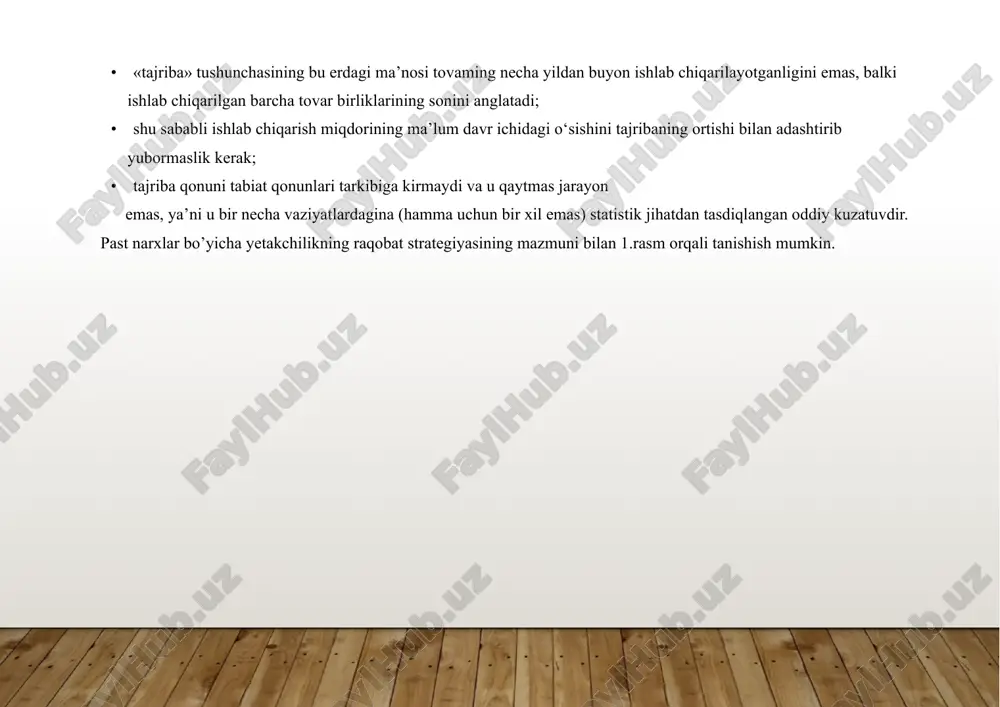 qish. • qadriyatlar zanjiri mashhur iqtisodchi m.porter tamonidan taklif etilgan.u oltita elementlar yig‘indisidan tashkil topgan: • xomashyo va materiallar; • tadqiq etish va ishlab chiqarish; • ishlab chiqarish ; • marketing ; • taqsimlash ; xizmat ko‘rsatish. shuning uchun kompaniya foydasini o‘stirishga yordam beruvchi 4ta harakat yo‘nalishini ajratish mumkin. • xaridorlar; • ta’minotchilar; • qadriyatlar zanjiri darajasida aniq bominmalaruchun aloqalar; □ korxona darajasida qadriyatlami turli tuman zanjiri aloqalari. • strategik pozistiyalash xarajatlarni boshqarishni eng muhim qismi bo‘lib hisoblanadi. kompaniya raqiblardan mahsulotni differenstiyastiyalash yoki xarajatlar bo‘yicha liderlik qilish strategiyasi bilan ajralib turadi. past tannarx mahsulot sifati pastligini bildiradi. xarajatni kamayish bo‘yicha lider bo‘lish uchun narx imkoniyatlarini baholash zarur. 2. xarajatlarni boshqarishning samaradorligi ishlab chiqarish xarajatlarining kamayishining bir necha variantlari mavjud: 1. ishlab chiqarish masshtabida tejash samarasi .bu ishlab chiqarish masshtabini oshirish hisobiga bitta mahsulot ishlab chiqarish xarajatlarini kamaytiradi. lekin ishlab chiqarish masshtabi hisobiga tejash ishlab chtqarishni o‘zini oshishini ko‘zlaydi. agar narx …