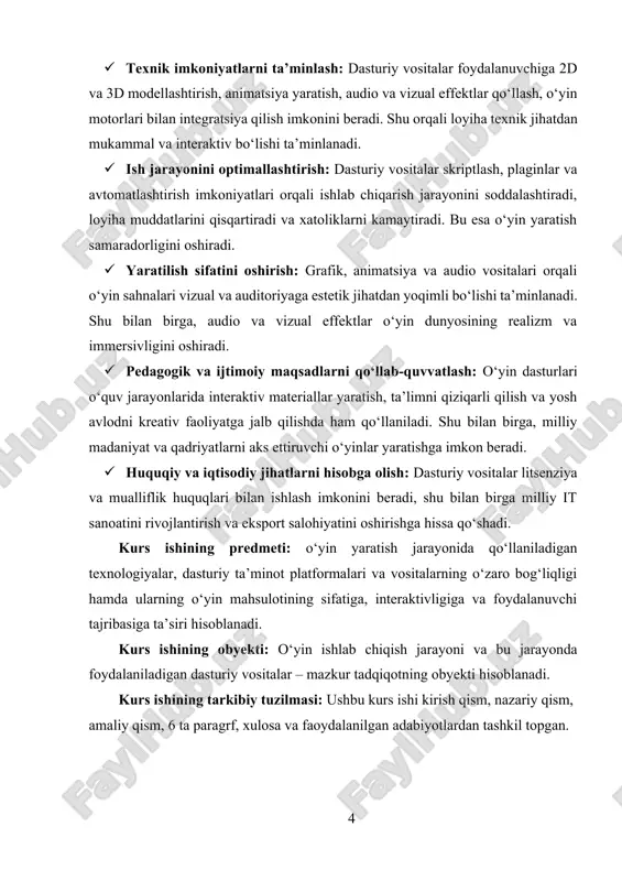 oniyatlari orqali ishlab chiqarish jarayonini soddalashtiradi, loyiha muddatlarini qisqartiradi va xatoliklarni kamaytiradi. bu esa o‘yin yaratish samaradorligini oshiradi. · yaratilish sifatini oshirish: grafik, animatsiya va audio vositalari orqali o‘yin sahnalari vizual va auditoriyaga estetik jihatdan yoqimli bo‘lishi ta’minlanadi. shu bilan birga, audio va vizual effektlar o‘yin dunyosining realizm va immersivligini oshiradi. · pedagogik va ijtimoiy maqsadlarni qo‘llab-quvvatlash: o‘yin dasturlari o‘quv jarayonlarida interaktiv materiallar yaratish, ta’limni qiziqarli qilish va yosh avlodni kreativ faoliyatga jalb qilishda ham qo‘llaniladi. shu bilan birga, milliy madaniyat va qadriyatlarni aks ettiruvchi o‘yinlar yaratishga imkon beradi. · huquqiy va iqtisodiy jihatlarni hisobga olish: dasturiy vositalar litsenziya va mualliflik huquqlari bilan ishlash imkonini beradi, shu bilan birga milliy it sanoatini rivojlantirish va eksport salohiyatini oshirishga hissa qo‘shadi. kurs ishining predmeti: o‘yin yaratish jarayonida qo‘llaniladigan texnologiyalar, dasturiy ta’minot platformalari va vositalarning o‘zaro bog‘liqligi hamda ularning o‘yin mahsulotining sifatiga, interaktivligiga va foydalanuvchi tajribasiga ta’siri hisoblanadi. kurs ishining obyekti: o‘yin ishlab …