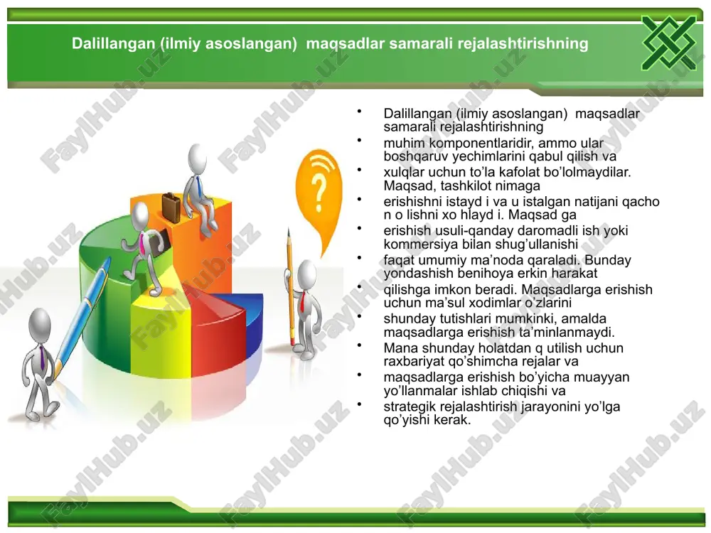 a rivojlanishini ifodalaydi. strategik reja – bu kelajakni tadqiq etish, ssenariy tahlili. strategik rejalashtirish bu chuqur atroflicha ishlab chiqilgan majmuaviy reja bo’lib, tashkilotning bosh vazifasini ro’yobga chiqarish va uning maqsadlarini amalga oshirishdir. strategik reja muayyan individning emas, balki butun korxona (korporatsiya, tashkilot, konsern) istiqboli nuqtai nazaridan ishlab chiqilishi kerak. shaxsiy yoki xususiy korxona (firma, xo’jalik) o’zining shaxsiy rejasini tashkilotning ustuvor rejasi bilan moslashtirishi mumkin. ko’pchilik firmalar keng ko’lamda aksiyalarga ega bo’lsa, strategik reja bilan moslashmasligi ham mumkin. strategik reja strategik reja – bu raqobat kurashida afzallik beruvchi g’oya. strategik reja – bu boshqarish faoliyatida qo’llaniladigan uslublar tizimi. strategik reja – bu tashkilot faoliyati uchun mo’ljallar yig’indisi. strategik reja – bu maqsadga erishish va tashkil etishni amalga oshirishga mo’ljallangan mujassam reja. image2.gif image3.emf image4.jpeg image5.jpeg image6.jpeg image7.jpeg image8.jpeg image9.jpeg image10.jpeg image11.jpeg image12.jpeg image1.emf /docprops/thumbnail.jpeg