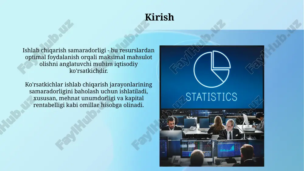 ishlaydi, sifatli mahsulotlar ishlab chiqaradi. oee uchta asosiy omilni hisobga oladi: mavjudlik, ishlash va sifat. har bir omil foizda ifodalanadi, ularning koʻpaytmasi umumiy oee natijasini beradi. samaradorlikni oshirish omillari zamonaviy texnologiyalarni joriy etish, ishlab chiqarish jarayonlarining 20% dan ortig'ini avtomatlashtirish orqali mehnat unumdorligini va samaradorlikni 15% ga oshirishi mumkin. xodimlarning malakasini oshirish bo'yicha doimiy treninglar, masalan, 6 sigma metodologiyasi bo'yicha, defektlarni kamaytirish va ishlab chiqarish siklini 10-12% ga qisqartirish imkonini beradi. texnologiyalar va innovatsiyalar texnologik innovatsiyalar 20% ga samaradorlikni oshirishi mumkin, bunda yangi uskunalar va avtomatlashtirish jarayonlari ishlab chiqarish tezligini yaxshilaydi. raqamli texnologiyalar orqali ma'lumotlarni tahlil qilish 15% kamroq xatolarga olib keladi, bu esa resurslardan unumli foydalanish va sifatni oshirish imkonini beradi. boshqaruv va tashkil etish boshqaruvning tashkiliy tuzilmasi 3 asosiy elementdan iborat: bo'linmalar, aloqalar va ierarxiya. bo'linmalar vazifalar bo'yicha, aloqalar koordinatsiyani ta'minlaydi, ierarxiya esa hokimiyat darajasini belgilaydi. ishlab chiqarishni tashkil etishda 5s tizimi muhim: saralash, tartibga solish, tozalash, standartlashtirish …