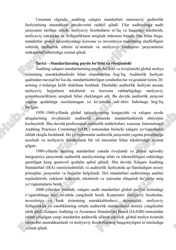 auditorlik faoliyati asosan moliyaviy hujjatlarni tekshirish va korxona rahbarligidagi moliyaviy qonunbuzarliklarni aniqlash bilan cheklangan edi. bu davrda auditorlik jarayoni yagona qoidalarga asoslanmagan va ko‘pincha sub’ektiv baholarga bog‘liq bo‘lgan. 1950–1960-yillarda global iqtisodiyotning kengayishi va xalqaro savdo aloqalarining rivojlanishi auditorlik sohasida standartlashtirish ehtiyojini kuchaytirdi. shu davrda professional auditorlik tashkilotlari, xususan, international auditing practices committee (iapc) tomonidan birinchi xalqaro yo‘riqnomalar ishlab chiqila boshlandi. bu yo‘riqnomalar auditorlik jarayonini yagona prinsiplarga asoslash va moliyaviy hisobotlarni bir xil mezonlar bilan tekshirishga xizmat qilgan. 1980-yillarda auditing standartlari yanada rivojlandi va global iqtisodiy integratsiya jarayonida auditorlik amaliyotining sifati va ishonchliligini oshirishga qaratilgan keng qamrovli qoidalar qabul qilindi. shu davrda xalqaro auditing standartlari (isa) rasmiylashtirildi va auditorlik faoliyatida qo‘llaniladigan asosiy prinsiplar, jarayonlar va hujjatlar belgilandi. isa standartlari auditorlarga auditni rejalashtirish, risklarni baholash, tekshirish va xulosalar chiqarish bo‘yicha aniq yo‘riqnomalarni berdi. 2000-yillardan boshlab, xalqaro audit standartlari global moliya tizimidagi o‘zgarishlarga mos ravishda yangilanib bordi. korporativ moliyaviy hisobotlar, investitsiya va bank …
