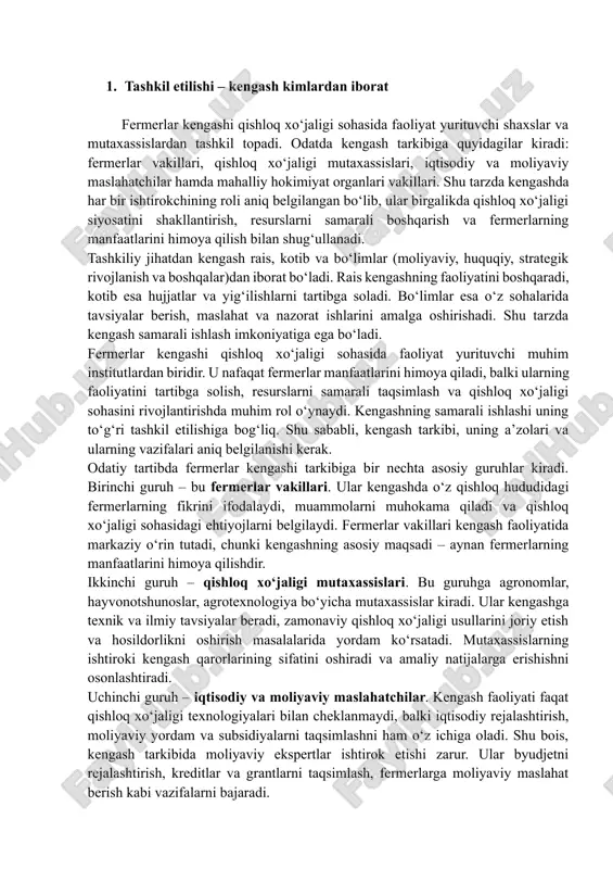 hda o‘z qishloq hududidagi fermerlarning fikrini ifodalaydi, muammolarni muhokama qiladi va qishloq xo‘jaligi sohasidagi ehtiyojlarni belgilaydi. fermerlar vakillari kengash faoliyatida markaziy o‘rin tutadi, chunki kengashning asosiy maqsadi – aynan fermerlarning manfaatlarini himoya qilishdir. ikkinchi guruh – qishloq xo‘jaligi mutaxassislari. bu guruhga agronomlar, hayvonotshunoslar, agrotexnologiya bo‘yicha mutaxassislar kiradi. ular kengashga texnik va ilmiy tavsiyalar beradi, zamonaviy qishloq xo‘jaligi usullarini joriy etish va hosildorlikni oshirish masalalarida yordam ko‘rsatadi. mutaxassislarning ishtiroki kengash qarorlarining sifatini oshiradi va amaliy natijalarga erishishni osonlashtiradi. uchinchi guruh – iqtisodiy va moliyaviy maslahatchilar. kengash faoliyati faqat qishloq xo‘jaligi texnologiyalari bilan cheklanmaydi, balki iqtisodiy rejalashtirish, moliyaviy yordam va subsidiyalarni taqsimlashni ham o‘z ichiga oladi. shu bois, kengash tarkibida moliyaviy ekspertlar ishtirok etishi zarur. ular byudjetni rejalashtirish, kreditlar va grantlarni taqsimlash, fermerlarga moliyaviy maslahat berish kabi vazifalarni bajaradi. to‘rtinchi guruh – mahalliy hokimiyat organlari vakillari. ular kengash faoliyatini davlat siyosati va qonunchilik bilan uyg‘unlashtiradi, fermerlar muammolarini yuqori darajaga yetkazadi hamda qonuniy …