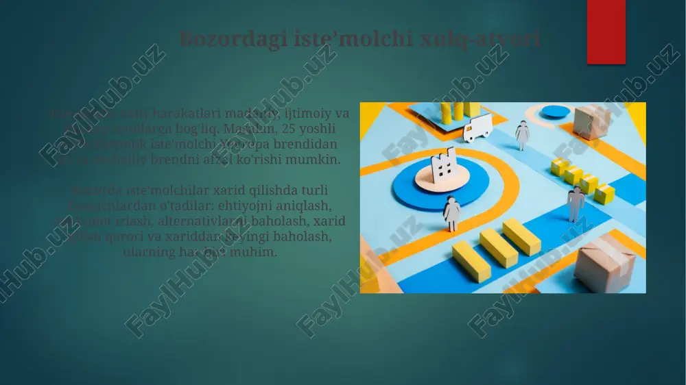 narx o'rtasidagi farq sifatida, bozorda naflilikni o'lchaydi. talab egri chizig'i ostidagi maydon, narx chizig'idan yuqorida, iste'molchi ortiqchaligini aks ettiradi. bu esa, iste'molchilarning ortiqcha to'lashga tayyorligini ko'rsatadi. xulq-atvor iqtisodiyotining roli xulq-atvor iqtisodiyoti 1970-yillarda paydo bo'lib, odamlarning qaror qabul qilishidagi irratsionallikni hisobga oladi, klassik iqtisodiyotning ratsionallik faraziga zid ravishda. «yo'qotishdan qo'rqish» kabi kognitiv buzilishlar xulq-atvor iqtisodiyotida muhim rol o'ynaydi, bu esa odamlarning yo'qotishlarga yutuqlarga qaraganda kuchliroq reaktsiya berishini ko'rsatadi. amaliy misollar va xulosalar mahsulotlarni baholashda iste'molchilar 1 dan 10 gacha shkala bo'yicha baholashni afzal ko'rishadi, bu ularga sezilarli farqlarni aniqlashda yordam beradi va qulay tanlovni osonlashtiradi. aksariyat xaridorlar 25% chegirma taklifiga qiziqish bildirishadi, chunki bu ularning byudjetini tejashga imkon beradi va keyingi xaridlarga pul ajratish imkonini beradi. e'tiboringiz uchun rahmat image7.jpg image8.jpg image9.jpg image10.jpg image11.jpg image12.jpg image13.jpg image14.jpg image15.jpg image16.jpg image17.jpg image18.jpg image1.png image2.png image3.png image4.png