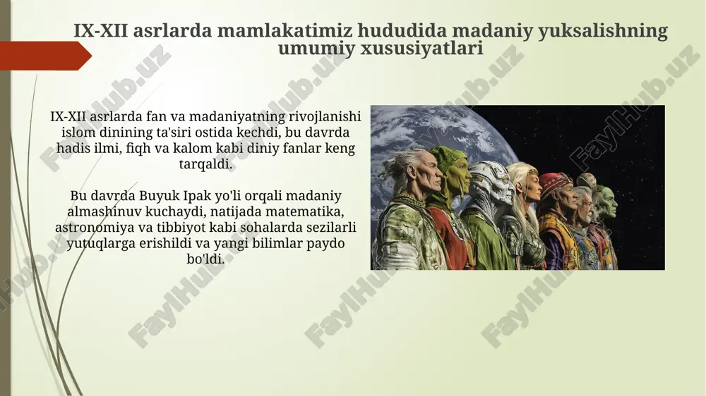 paga tarqaldi, bu esa matematikada inqilobiy o'zgarishlarga olib keldi. abu rayhon beruniyning qomusiy bilimlari beruniyning "hindiston" asari hind madaniyati, dinlari va falsafasini chuqur o'rganish natijasidir, unda 11-asr hindiston hayoti tasvirlangan. beruniy hind jamiyatini ob'ektiv tahlil qilgan. beruniy astronomiyada yerning radiusi (taxminan 6339.6 km)ni juda aniqlik bilan hisoblagan, bu uning matematik va astronomik bilimlarining yuqori darajasini ko'rsatadi. uning aniqligi zamonaviy o'lchovlarga yaqin. ibn sinoning tibbiyotga qo'shgan hissasi ibn sino "tib qonunlari"da 760 ga yaqin dori vositalari, ularning ta'siri va tayyorlanish usullarini batafsil bayon etib, farmakologiya rivojiga ulkan hissa qo'shgan. ibn sino birinchi bo'lib meningit, qizamiq va chechak kabi yuqumli kasalliklarni aniq ajratib ko'rsatdi hamda ularning yuqish yo'llarini tushuntirib berdi, bu tibbiyotda katta yutuq bo'ldi. mahmud qoshg'ariyning turkiy tilshunoslikka oid ishlari mahmud qoshg'ariyning "devonu lug'atit turk" asari turkiy tillarning ix-xii asrlardagi geografik tarqalishini ko'rsatuvchi xarita va izohlarni o'z ichiga oladi. qoshg'ariyning leksikografik ishi turkiy tillarning fonetik xususiyatlarini, masalan, unlilar uyg'unligini va undoshlar …
