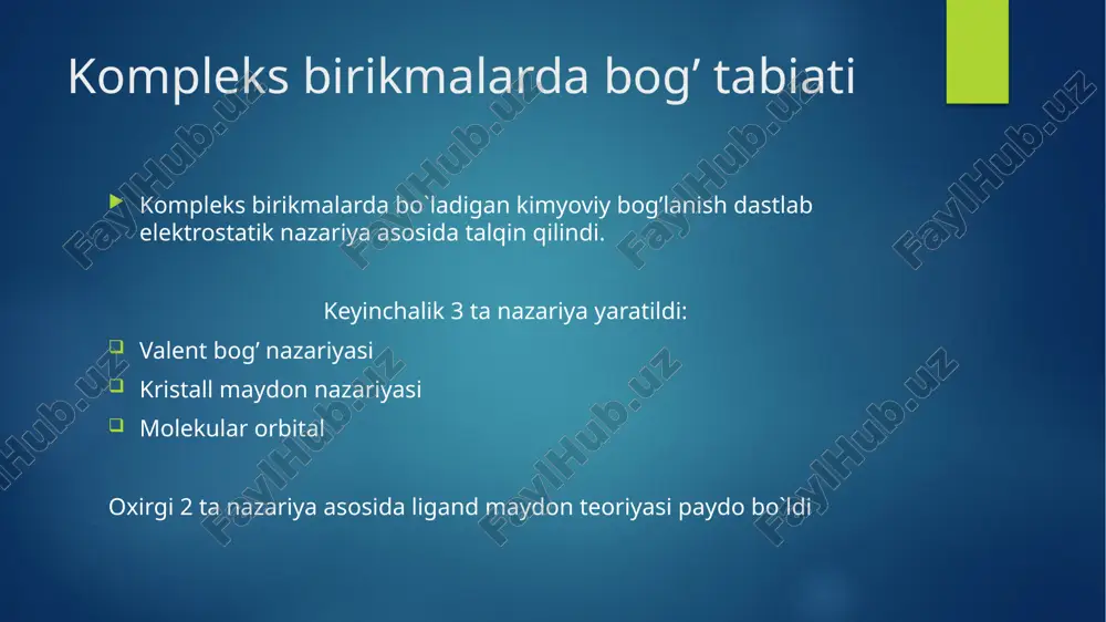 irning 6-koordinatsion nuqtasini egallaydi. co ning gemoglobin bilan bog’lanish qobiliyati kislorodnikidan 210 barobar katta. oksigemoglobinning hosil bo’lishi hhb+o2=hhbo2 karboksigemoglobinning hosil bo’lishi hhb+co=cohhb hhb-gemoglobin xelatoterapiya. xelatoterapiya-organism og’ir metallar bilan zaharlanganda ularni xelatli kompleksga bog’lab inson organizmidan chiqarib yuborishga asoslangan.2 xil omil: 1. endogen komplekslanish omili 2. metal-metal raqobat omili. xelatoterapiya asosini ligand-ligand raqobati tashkil qiladi. xelatoterapiyada ishlatiladigan ligandlar-antidotlar deyiladi. tibbiyotda ishlatiladigan antidotlar: a) unitol b) dimerkarpol c)dimerkaptoqahrabo kislotasi d)penitsilamin kompleksonometriya kompleksonlarni ishchi eritma sifatida ishlatishga asoslangan aniqlash usuliga kompleksonoetriya deyiladi. 80 dan ortiq kimyoviy eementlarni shu usul yordamida aniqlash mumkin. image6.png image7.png image8.png image9.png image10.gif image2.png image3.png image4.png image5.png /docprops/thumbnail.jpeg