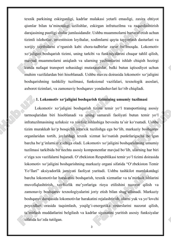 otiv xo‘jaligini boshqarishning umumiy tuzilmasi tarkibida bir nechta asosiy komponentlar mavjud bo‘lib, ularning har biri o‘ziga xos vazifalarni bajaradi. o‘zbekiston respublikasi temir yo‘l tizimi doirasida lokomotiv xo‘jaligini boshqarishning markaziy organi sifatida “o‘zbekiston temir yo‘llari” aksiyadorlik jamiyati faoliyat yuritadi. ushbu tashkilot mamlakatdagi barcha lokomotivlar harakatini boshqarish, texnik xizmatlar va ta’mirlash ishlarini muvofiqlashtirish, xavfsizlik me’yorlariga rioya etilishini nazorat qilish va zamonaviy boshqaruv texnologiyalarini joriy etish bilan shug‘ullanadi. markaziy boshqaruv darajasida lokomotivlar harakatini rejalashtirish, ularni yuk va yo‘lovchi poyezdlari orasida taqsimlash, yoqilg‘i-energetika resurslarini nazorat qilish, ta’mirlash muddatlarini belgilash va kadrlar siyosatini yuritish asosiy funksiyalar sifatida ko‘zda tutilgan. markaziy boshqaruvdan tashqari, mamlakatning turli hududlarida joylashgan lokomotiv depolari, ta’mirlash ustaxonalari va texnik xizmat ko‘rsatish markazlari ushbu tizimning joylardagi bo‘g‘inlarini tashkil etadi. lokomotiv depolari bevosita harakatdagi lokomotivlarning kundalik texnik holatini nazorat qilish, joriy va o‘rta ta’mirlash ishlarini bajarish, texnik ko‘rikdan o‘tkazish, yoqilg‘i quyish, tozalash va boshqa texnik xizmatlarni amalga oshiradi. ayni paytda o‘zbekistonda qariyb 40 ga …