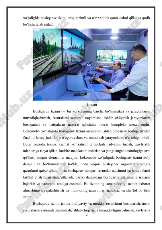 toliklarni kamaytirish va ishlab chiqarish jarayonlarini optimallashtirish imkonini beradi. lokomotiv xo‘jaligida boshqaruv tizimi kompleks va ko‘p funksiyali tizim bo‘lib, uning samarali ishlashi nafaqat texnik jihatdan, balki iqtisodiy va inson resurslari jihatidan ham yuqori malaka va professional yondashuvni talab qiladi. shu bois, korxonaning barcha bo‘linmalari o‘rtasida integratsiyalashgan boshqaruv mexanizmlarini yaratish va ularni doimiy takomillashtirish lokomotiv xo‘jaligining barqaror va samarali faoliyat yuritishining asosi hisoblanadi. lokomotiv xo‘jaligida boshqaruv tizimi ishlab chiqarish jarayonining murakkabligi va ko‘p qirraliligi sababli o‘ziga xos xususiyatlarga ega. boshqaruv tizimi bir nechta asosiy bo‘linmalardan iborat bo‘lib, har bir bo‘linma o‘ziga xos funksiyalarni bajaradi. masalan, texnik xizmat ko‘rsatish bo‘limi lokomotivlarning texnik holatini doimiy nazorat qiladi, vaqtida ta’mir ishlari olib borilishini ta’minlaydi hamda texnik xavfsizlik talablariga qat’iy rioya qilinishini nazorat qiladi. ushbu bo‘lim boshqaruv tizimida eng faol va tezkor javob berishi lozim bo‘lgan bo‘lim hisoblanadi, chunki transport jarayonining uzluksizligi to‘g‘ridan-to‘g‘ri texnik holatga bog‘liq. boshqaruv tizimining muhim qismi sifatida moliyaviy bo‘lim faoliyati alohida …
