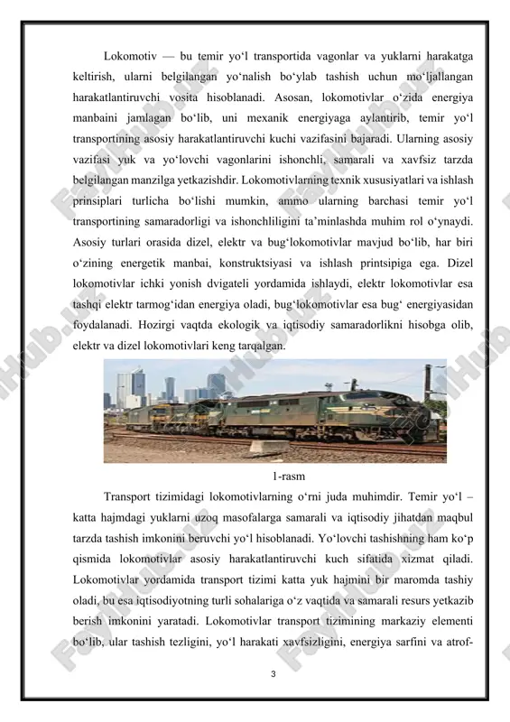 lokomotivlar yordamida transport tizimi katta yuk hajmini bir maromda tashiy oladi, bu esa iqtisodiyotning turli sohalariga o‘z vaqtida va samarali resurs yetkazib berish imkonini yaratadi. lokomotivlar transport tizimining markaziy elementi bo‘lib, ular tashish tezligini, yo‘l harakati xavfsizligini, energiya sarfini va atrof-muhitga ta’sirini belgilaydi. yaxshi texnik holatda bo‘lgan va yuqori samaradorlikka ega bo‘lgan lokomotivlar transport jarayonini optimallashtirishga, yoqilg‘i va energiya tejamkorligini ta’minlashga, ekspluatatsiya xarajatlarini kamaytirishga xizmat qiladi. temir yo‘l transportida lokomotivlarning texnik ko‘rsatkichlari, samaradorligi va ishonchliligini doimiy ravishda nazorat qilish va oshirish muhim vazifa hisoblanadi. lokomotivlar yordamida transportning ekologik tozaligi va barqarorligi ta’minlanadi. ayniqsa, elektr lokomotivlari chiqindilarni kamaytirishda katta ahamiyatga ega, chunki ular elektr energiyasidan foydalanadi, bu esa toza va samarali energiya manbalariga asoslangan bo‘lishi mumkin. bu esa global iqlim o‘zgarishlariga qarshi kurashda muhim omil hisoblanadi. lokomotivlar nafaqat yuk va yo‘lovchilarni tashish vositasi, balki transport tizimining rivojlanishi, iqtisodiy barqarorlik va ekologik xavfsizlikni ta’minlashda muhim strategik vosita hisoblanadi. ularning samaradorligini oshirish, energiya …