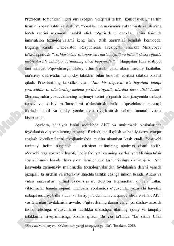 b xizmat qilmoqda. yozuvchi tarjimayi holini o‘rganish adabiyot ta’limining muhim tarkibiy qismi sanaladi. chunki yozuvchi hayoti va ijodiy faoliyatini o‘rganish orqali o‘quvchilar nafaqat badiiy asarlarning mazmun-mohiyatini chuqurroq anglaydilar, balki o‘sha davrning ijtimoiy, madaniy va ma’naviy muhitini ham his etadilar. ammo an’anaviy o‘qitish usullari ko‘p hollarda o‘quvchilarda yetarli darajada tasavvur hosil qilmaydi, dars jarayoni esa bir xillikka moyil bo‘lib qoladi. akt va multimedia texnologiyalarini ta’lim jarayoniga joriy etish, ayniqsa yozuvchining hayot yo‘lini o‘rganishda, darsni jonlantiruvchi, ta’sirchan va interaktiv shaklga keltiradi. hozirgi kunda raqamli ta’lim resurslari — virtual muzeylar, elektron kutubxonalar, onlayn arxivlar, audio va video lavhalar, taqdimot dasturlari, test platformalari kabi vositalar orqali o‘quvchilarga keng imkoniyatlar yaratilmoqda. bu vositalar yordamida o‘quvchi yozuvchi hayoti, yashagan davri, ijodiy muhiti va asarlarining yaratilish jarayonini yanada chuqurroq, ko‘rgazmali shaklda o‘rganadi. multimedia vositalari o‘quvchilarda mustaqil izlanish, o‘z fikrini asoslab bayon etish va ijodiy yondashuvni rivojlantirishga xizmat qiladi. kurs ishining ahamiyati yozuvchi tarjimayi holini o‘rganish adabiyot ta’limining …