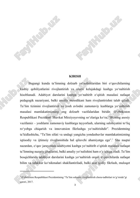 va kasb-hunar taʼlimining sifatini oshirishga, balki o‘quvchilarning shaxsiy va kasbiy rivojlanishiga ham bevosita taʼsir qiladi. shu sababli, bu mavzu pedagogika fanida, metodika tadqiqotlarida va amaliy taʼlim jarayonlarida katta ahamiyatga ega bo‘lib, zamonaviy taʼlim tizimini takomillashtirish uchun asosiy yo‘nalishlardan biri hisoblanadi. kurs ishining ahamiyati adabiyot darslarini kasbga yo‘naltirib o‘qitishning ahamiyati ko‘p qirrali bo‘lib, u nafaqat taʼlim jarayonining sifatini oshirishga, balki o‘quvchilarning shaxsiy va kasbiy rivojlanishiga ham katta taʼsir ko‘rsatadi. birinchidan, bu yondashuv o‘quvchilarda kasbga qiziqish va motivatsiyani oshiradi, ularni kelajakdagi kasb tanlashda ongli qaror qabul qilishga tayyorlaydi. ikkinchidan, kasbga yo‘naltirilgan adabiyot darslari o‘quvchilarda tahliliy fikrlash, ijodiy yondashuv, muloqot va jamoada ishlash kabi muhim ko‘nikmalarni rivojlantirish imkonini beradi. ushbu yondashuv pedagogik jihatdan taʼlim bosqichlarida individual yondashuvni kuchaytiradi, darslarni amaliy va hayotiy vaziyatlar bilan bog‘lash orqali o‘quvchilarni nafaqat nazariy bilim, balki kasbiy ko‘nikmalar bilan ham taʼminlaydi. amaliy ahamiyati shundaki, kurs ishida ishlab chiqilgan tavsiyalar va metodik qo‘llanmalar o‘qituvchilarga adabiyot darslarini kasbga yo‘naltirilgan shaklda …