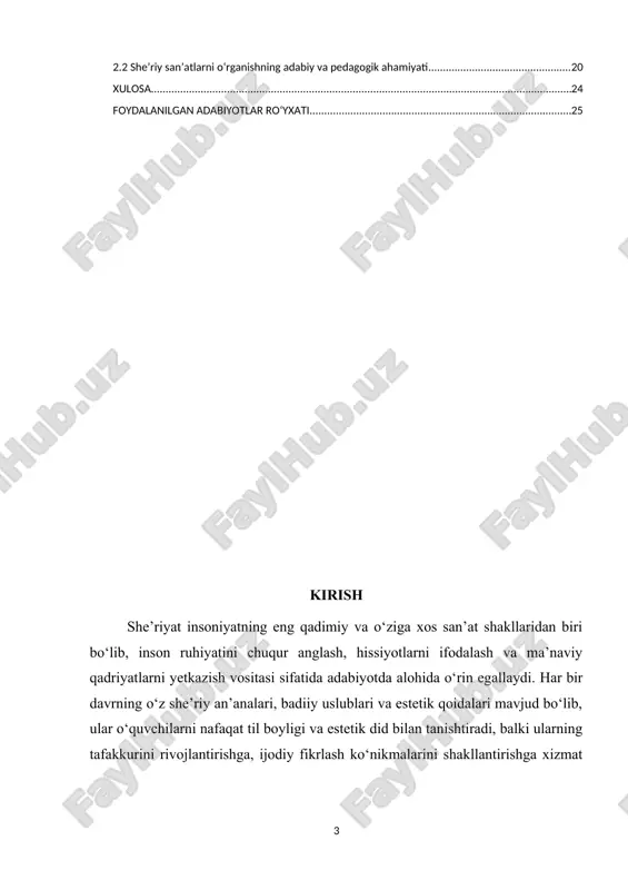 arida she’riy san’atlarni o‘rgatishning dolzarbligi nafaqat nazariy, balki amaliy pedagogik va ma’naviy jihatlarni ham qamrab oladi. kurs ishining ahamiyati she’riy san’atlarni o‘rganishning ahamiyati adabiyot ta’limi va umuman pedagogik jarayon uchun juda katta. birinchidan, u o‘quvchilarda badiiy did va estetik qarashlarni rivojlantiradi. she’riy vositalar – epitetlar, metaforalar, personifikatsiya, allegoriya kabi badiiy san’atlar matnga jon bag‘ishlab, o‘quvchilarda tasavvur kuchini, hissiy sezgirlikni va ijodiy fikrlash qobiliyatini oshiradi. shu orqali talabalar nafaqat matnni tushunadi, balki uning estetik va badiiy go‘zalligini his qilishi, matn bilan emotsional bog‘lanish hosil qilishi mumkin. she’riy san’atlarni o‘rganish til madaniyatini va so‘z boyligini rivojlantiradi. talabalar badiiy vositalar yordamida fikrini aniq va ifodali yetkazishni o‘rganadi, tilni nozik va obrazli ishlatish ko‘nikmalarini shakllantiradi. bu nafaqat adabiyot darsi uchun, balki boshqa fanlarda, shuningdek, kundalik muloqot va yozma ishlar jarayonida ham muhim ahamiyatga ega. she’riy san’atlar orqali o‘quvchilarning ma’naviy va etnik qadriyatlarini shakllantirish mumkin. o‘zbek va jahon adabiyotidagi she’riy namunalar talabalarda milliy o‘zlikni anglash, …