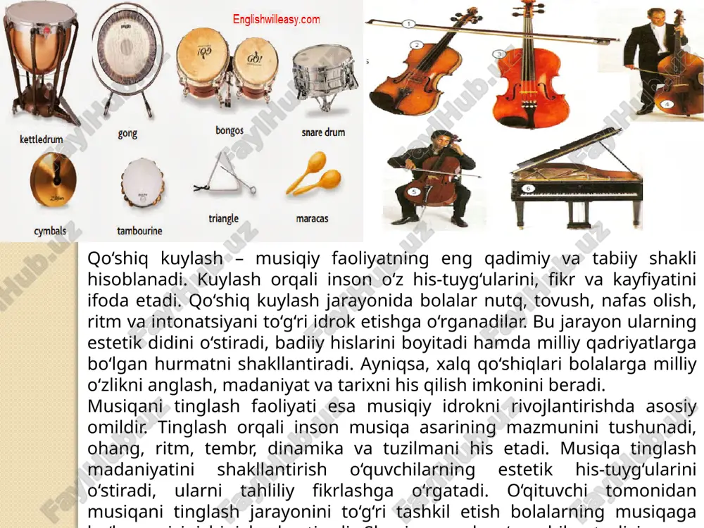io-video materiallar, interaktiv dasturlar, onlayn platformalar musiqani tinglash va tahlil qilish jarayonini qiziqarli qiladi. shuningdek, milliy musiqiy merosdan foydalanish, xalq qo‘shiqlari va kuylarini o‘rganish o‘quvchilarning ma’naviy dunyosini boyitadi, ularni milliy qadriyatlarga sodiq bo‘lishga o‘rgatadi. musiqiy faoliyatning har bir turi insonning ma’naviy olamiga o‘ziga xos tarzda ta’sir ko‘rsatadi. musiqa orqali inson o‘zini anglaydi, atrofdagi voqelikni his etadi, estetik zavq oladi. ayniqsa, bolalik davrida musiqiy faoliyat bilan muntazam shug‘ullanish shaxsning har tomonlama rivojlanishida katta ahamiyat kasb etadi. musiqa bolaning eshitish, idrok etish, xotira, diqqat, tafakkur, tasavvur, nutq, hissiyot va iroda kabi psixik jarayonlarini faollashtiradi. shu sababli musiqiy tarbiya jarayonida barcha faoliyat turlari birgalikda olib borilishi lozim. musiqiy ta’lim jarayonida o‘qituvchi o‘quvchilarni nafaqat qo‘shiq kuylashga, balki musiqani tinglash, uni tahlil qilish, asboblarda ijro etish va ijod qilishga ham o‘rgatishi zarur. har bir faoliyat turi o‘quvchi shaxsining turli tomonlarini rivojlantiradi. masalan, qo‘shiq kuylash jarayonida nutq apparati, nafas tizimi, artikulyatsiya va eshitish sezgisi mustahkamlanadi; asboblarda …