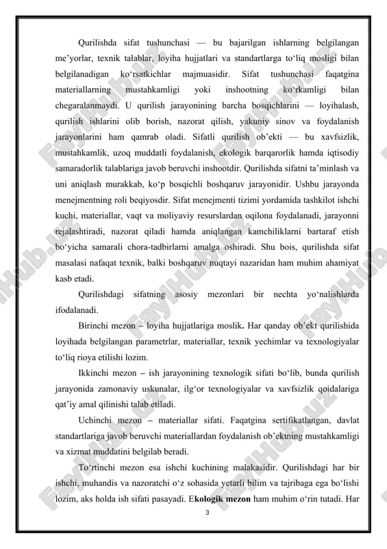 ti. faqatgina sertifikatlangan, davlat standartlariga javob beruvchi materiallardan foydalanish ob’ektning mustahkamligi va xizmat muddatini belgilab beradi. to‘rtinchi mezon esa ishchi kuchining malakasidir. qurilishdagi har bir ishchi, muhandis va nazoratchi o‘z sohasida yetarli bilim va tajribaga ega bo‘lishi lozim, aks holda ish sifati pasayadi. ekologik mezon ham muhim o‘rin tutadi. har bir ob’ekt atrof-muhitga minimal zarar yetkazadigan tarzda qurilishi zarur. masalan, chiqindilarni qayta ishlash, suv va energiya tejamkor texnologiyalarni qo‘llash sifat mezonlarining tarkibiy qismi hisoblanadi. estetik va funksional talablar ham sifat ko‘rsatkichlari qatoriga kiradi. binoning tashqi ko‘rinishi, ichki rejalashtiruvi, qulaylik darajasi ham foydalanuvchi ehtiyojlarini qondirishi kerak. 1-rasm qurilish sifatini boshqarish tizimida xalqaro standartlar — xususan iso 9001:2015, o‘z dst va snip talablari muhim o‘rin tutadi. ushbu hujjatlar sifatni rejalashtirish, amalga oshirish, tekshirish va takomillashtirish mexanizmlarini belgilab beradi. masalan, iso 9001 tizimi “plan-do-check-act” (rejalashtir – bajar – tekshir – takomillashtir) tamoyiliga asoslanadi, bu esa qurilish jarayonida uzluksiz sifat nazoratini ta’minlash imkonini beradi. …
