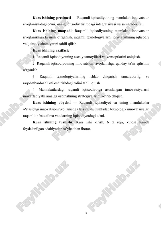 di. raqamli iqtisodiyotning asosiy elementlari: 1. axborot texnologiyalari (at): raqamli iqtisodiyotning asosi hisoblanadi. bu internet, mobil texnologiyalar, bulutli hisoblash tizimlari, katta ma'lumotlar (big data), sun'iy intellekt va boshqa ilg‘or texnologiyalarni o‘z ichiga oladi. axborot texnologiyalari ma'lumotlarni tez va samarali ishlash imkonini beradi, ishlab chiqarishni avtomatlashtiradi va yangi iqtisodiy tizimlarni yaratadi. 2. raqamli infratuzilma: raqamli infratuzilma — bu ma'lumotlarni saqlash, uzatish va ishlashni ta'minlovchi texnologik va tizim resurslaridan iborat. bulutli hisoblash, tarmoq inshootlari, axborot xavfsizligi tizimlari va boshqa infratuzilma komponentlari raqamli iqtisodiyotning asosini tashkil qiladi. 3. ma'lumotlar va katta ma'lumotlar (big data): raqamli iqtisodiyotda ma'lumotlar juda muhim ahamiyatga ega. katta ma'lumotlar (big data) foydalanuvchilarning xatti-harakatlarini o‘rganish, bozorni tahlil qilish va biznes qarorlarini qabul qilishda ishlatiladi. ma'lumotlar tahlili orqali tashkilotlar samarali va aniq strategiyalar ishlab chiqishi mumkin. 4. raqamli biznes modellar: raqamli iqtisodiyotda yangi biznes modellarining shakllanishi kuzatiladi. bu modelda raqamli platformalar, elektron tijorat, onlayn xizmatlar va boshqa raqamli tizimlar ishlaydi. masalan, …