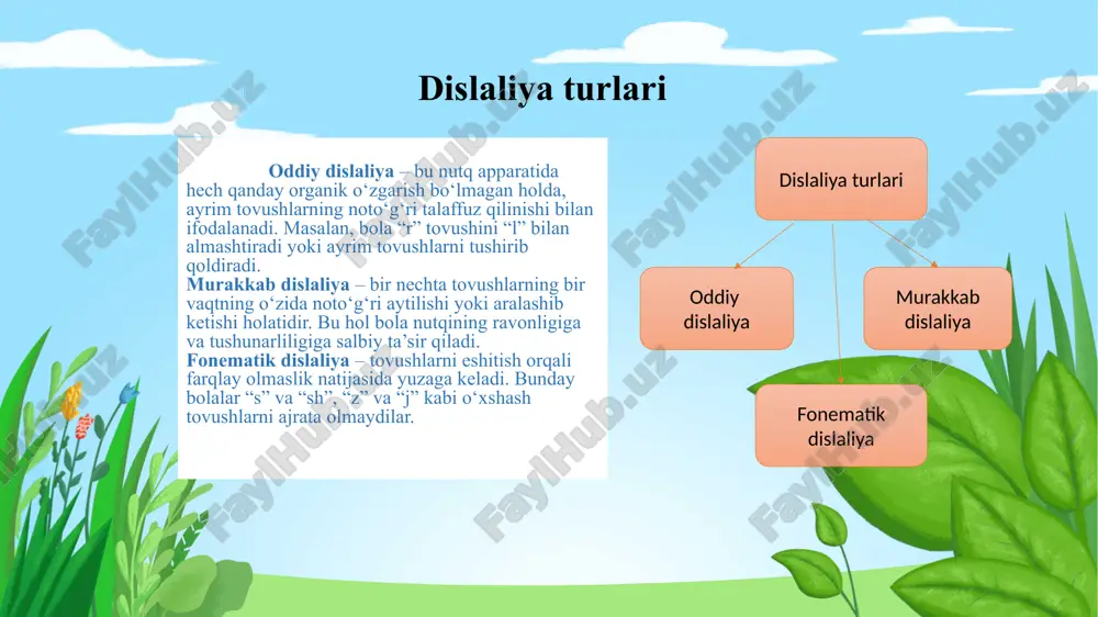 natijasida logoped dislaliyaning turini aniqlab, unga mos individual tuzatish dasturini ishlab chiqadi. diagnostika jarayoni dislaliyani bartaraf etish jarayoni bir necha bosqichma-bosqich mashg‘ulotlar orqali amalga oshiriladi. avvalo, artikulyatsion mashqlar yordamida til, lab va tanglay mushaklari harakatlari mustahkamlanadi. keyingi bosqichda tovushni to‘g‘ri talaffuzga keltirish ustida ishlanadi — logoped bola bilan birgalikda to‘g‘ri talaffuz modelini shakllantiradi. so‘ngra tovushni so‘z, gap va nutqda mustahkamlash mashqlari o‘tkaziladi, bunda to‘g‘ri talaffuz avtomatlashtiriladi. yakuniy bosqichda nutqiy nafas va intonatsiya ustida ishlanadi, bu esa bolaning tabiiy va ifodali nutqini rivojlantirishga xizmat qiladi. dislaliyani tuzatish bosqichlari o‘qituvchi va ota-onaning roli dislaliyani bartaraf etish jarayonida o‘qituvchi va ota-onaning faol ishtiroki muhim ahamiyatga ega. logopedik mashg‘ulotlar faqat dars davomida emas, balki uy sharoitida ham muntazam davom ettirilishi zarur. ota-onalar bola bilan artikulyatsion mashqlarni takrorlab, uni rag‘batlantirib va ishonch berib turishlari lozim. shuningdek, bolani atrofida to‘g‘ri talaffuz qiluvchi, so‘z boyligi keng bo‘lgan nutqiy muhit yaratish foydali. maktab o‘qituvchisi va logoped o‘rtasidagi hamkorlik …