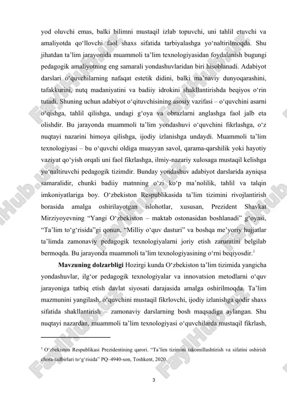 huv adabiyot darslarini jonlantiradi, o‘quvchilarni asar mazmunini chuqur tahlil qilish, obraz va g‘oyalarni o‘z nuqtayi nazaridan baholashga undaydi. adabiyot ta’limida muammoli texnologiyalarni joriy etish o‘quvchilarning nutq madaniyatini, badiiy tafakkurini, muloqot madaniyatini va mustaqil qaror qabul qilish malakasini shakllantirdi. bu esa “yangi o‘zbekiston” ta’lim siyosatida belgilangan shaxsga yo‘naltirilgan ta’lim tamoyillariga to‘liq mos keladi. kurs ishining ahamiyati ta’lim jarayonida o‘quvchilarning mustaqil fikrlash, tahlil qilish va xulosa chiqarish ko‘nikmalarini shakllantirishga xizmat qiladi. adabiyot darslarida muammoli ta’lim texnologiyasini qo‘llash natijasida o‘quvchi tayyor ma’lumotni eslab qoluvchi emas, balki uni tahlil etuvchi, solishtiruvchi va yangi bilimni mustaqil ravishda yaratuvchi faol subyektga aylanadi. muammoli ta’lim texnologiyasi o‘quvchilarning intellektual va ijodiy salohiyatini rivojlantiradi, ularda hayotiy vaziyatlarda to‘g‘ri qaror qabul qilish, o‘z fikrini asoslab bayon etish, dalil va misollar orqali isbotlay olish malakasini shakllantiradi. bu yondashuv o‘quvchilarni faqat badiiy asar mazmunini bilishga emas, balki uning g‘oyaviy asosini, estetik ahamiyatini, ijtimoiy mohiyatini tahlil qilishga o‘rgatadi. muammoli ta’lim texnologiyasi o‘qituvchining metodik …