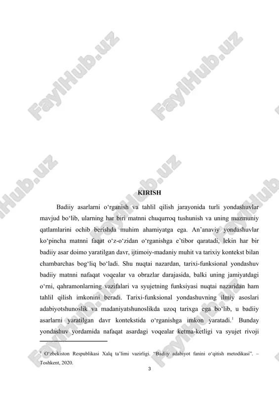 v yordamida asarning ma’naviy-estetik qadri yanada ravshan bo‘ladi. zamonaviy o‘quvchilar va tadqiqotchilar uchun badiiy asarni faqat o‘qish yetarli emas; uni yaratilgan davr kontekstida va funksional jihatlarini tahlil qilgan holda o‘rganish zarur. bu yondashuv o‘quvchilarda tanqidiy fikrlash qobiliyatini rivojlantiradi, ularni asarni tahlil qilishga, qahramonlarning harakat va motivlarini chuqur tushunishga, shuningdek, syujetning jamiyatdagi ahamiyatini aniqlashga yo‘naltiradi. tadqiqotchilar uchun bu yondashuv ilmiy ishlarni yaratishda asosiy metodik vosita sifatida xizmat qiladi. kurs ishining ahamiyati badiiy asarni tarixi-funksional yondashuv asosida o‘rganish zamonaviy adabiyotshunoslik va pedagogik jarayonlarda alohida ahamiyatga ega. bu yondashuv badiiy matnni faqat voqealar va qahramonlar darajasida emas, balki ularning jamiyatdagi o‘rni, funksiyasi va yaratilgan davrning ijtimoiy-madaniy konteksti bilan birgalikda tahlil qilish imkonini beradi. tarixi-funksional yondashuv asarning mazmuni va syujetini chuqurroq anglashga yordam beradi, qahramonlarning xarakteri, ularning qarorlari va harakatlari, voqealar ketma-ketligi o‘sha davrning ijtimoiy hayoti bilan uzviy bog‘liqligini ko‘rsatadi. badiiy matndagi qahramonlarning funksional tahlili bu yondashuvning muhim jihatlaridan biridir. qahramonlarning harakatlari va syujetning …