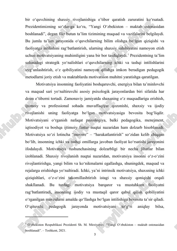 u sababli, motivatsiya tushunchasi nafaqat psixologiya, balki pedagogika, menejment, iqtisodiyot va boshqa ijtimoiy fanlar nuqtai nazaridan ham dolzarb va muhim mavzu sifatida qaraladi. shaxsiy rivojlanish nuqtai nazaridan motivatsiya insonni yangi bilim va ko‘nikmalarni egallashga, o‘z-o‘zini takomillashtirishga va ijodiy salohiyatini oshirishga yo‘naltiradi. ichki motivatsiya, ya’ni intrinsik motivatsiya, shaxsning ichki qiziqishlari, shaxsiy qoniqish va o‘z-o‘zini rivojlantirish istagi orqali shakllanadi. bu turdagi motivatsiya barqaror va mustahkam faoliyatni rag‘batlantiradi, insonning mustaqil qaror qabul qilish qobiliyatini oshiradi hamda shaxsiy va professional rivojlanishga xizmat qiladi. ta’lim jarayonida motivatsiya o‘quvchilarning bilim olishga, o‘rganilgan mavzularni amalda qo‘llashga, intellektual va ijodiy salohiyatini namoyon etishga bevosita ta’sir qiladi. pedagogik jarayonda motivatsiyani tushunish va uni samarali rag‘batlantirish o‘qituvchiga o‘quv jarayonini individual va guruh darajasida optimallashtirish, o‘quvchilarning faolligini oshirish va bilimning mustahkamligini ta’minlash imkonini beradi. motivatsiyani rivojlantirish o‘quvchilarda mas’uliyat hissini shakllantiradi, o‘z-o‘zini nazorat qilish ko‘nikmalarini mustahkamlaydi va ularni mustaqil fikrlashga yo‘naltiradi. professional faoliyatda motivatsiya, ayniqsa ekstrinsik motivatsiya, mukofotlar, ijtimoiy maqom, rag‘batlantirish tizimi …