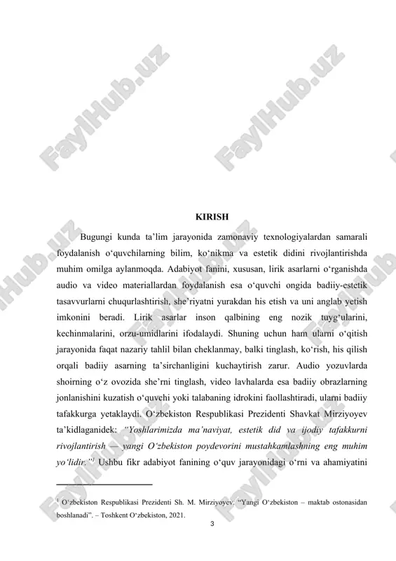 udratini his qilish, estetik didni shakllantirish va mustaqil fikrlash ko‘nikmalarini rivojlantirishga xizmat qiladi. [1: “o‘zbekiston respublikasining ta’lim to‘g‘risida”gi qonuni. – toshkent: adolat, 2020.] kurs ishining ahamiyati adabiyot ta’limida zamonaviy pedagogik texnologiyalarni qo‘llash orqali lirik asarlarni o‘rganish samaradorligini oshirishga qaratilgan. lirik asarlar inson qalbining eng chuqur tuyg‘ularini, orzularini, ruhiy kechinmalarini aks ettiruvchi badiiy janr sifatida o‘quvchidan nozik idrok va his etish qobiliyatini talab etadi. ana shunday asarlarni o‘qitishda faqat og‘zaki yoki matnli tahlil bilan cheklanmasdan, balki audio va video materiallardan foydalanish orqali darsni yanada jonli, qiziqarli va ta’sirchan tarzda tashkil etish mumkin. audio yozuvlar yordamida o‘quvchi she’rni shoirning o‘z ovozida yoki aktyorlar ifodasida eshitib, undagi ohang, ritm va hissiy tusni chuqurroq anglaydi. video lavhalar, teatr sahnalari, she’riy chiqishlar esa asar mazmunini vizual idrok etishga yordam beradi. o‘quvchining tasavvuri kengayadi, badiiy fikrlashi, eshitish va ko‘rish xotirasi rivojlanadi. audiovizual vositalardan foydalanish dars jarayonini interfaol shaklga keltiradi, o‘quvchilarni faollikka, mustaqil tahlil va ijodiy izlanishga …