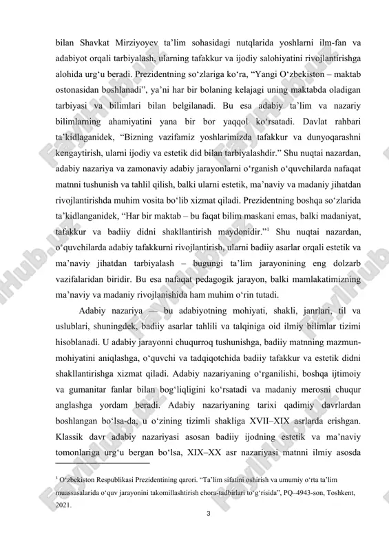 til va uslubiy vositalarni tanib bilish zarurati ortmoqda. ta’lim jarayonida adabiy nazariy bilimlarning o‘rni tobora kuchaymoqda. talabalar va o‘quvchilar nafaqat adabiy asarlarni o‘qish bilan cheklanmay, balki ularni ilmiy asosda tahlil qilish, muayyan janr yoki uslub doirasida solishtirish va baholash ko‘nikmalarini rivojlantirishlari talab etiladi. bu esa zamonaviy ta’limning asosiy maqsadlaridan biri bo‘lgan tanqidiy fikrlash va analitik yondashuvni shakllantirishga xizmat qiladi. adabiy nazariy tushunchalarni chuqur o‘rganish, badiiy matnlarni talqin qilish va estetik baholash ko‘nikmalarini rivojlantirish orqali yosh avlodda madaniy savodxonlik va estetik didni oshirish imkoniyati yaratiladi. bu nafaqat shaxsiy rivojlanishga, balki jamiyatda madaniyat va badiiy tafakkurni rivojlantirishga ham hissa qo‘shadi. zamonaviy adabiy jarayon va ijodiy tajribalar ko‘pligi, yangi janrlar va badiiy shakllarning paydo bo‘lishi adabiy nazariya va amaliyotning dolzarbligini yanada oshiradi. adabiy asarlarni to‘g‘ri tahlil qilish, ularni kontekstual va estetik jihatdan baholash imkonini beruvchi nazariy bilimlar o‘quvchilar, talabalar, tadqiqotchilar va adabiy tanqidchilar uchun muhim vosita hisoblanadi. shu nuqtai nazardan, adabiy nazariy tushunchalarni …