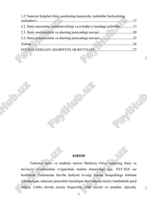 a yordam beradi. madrasalar va ilmiy markazlarning faoliyatini, olimlarning jamiyatdagi mavqeini, ilmiy aloqalarning rivojlanish darajasini tahlil qilish imkonini beradi. tarixiy jarayonlarni chuqurroq tushunish, ilm-fanning ijtimoiy hayotdagi o‘rnini aniqlash va kelajakda ilmiy taraqqiyot strategiyalarini ishlab chiqish uchun mustahkam ilmiy asos yaratadi. kurs ishining ahamiyati tarixiy jarayonlarni chuqurroq tushunish va ilm-fanning rivojlanishidagi uzilishlarni aniqlashga xizmat qiladi. xvi–xix asr boshlaridagi turkistonda ilm-fanning nisbiy tanazzurini o‘rganish orqali nafaqat o‘sha davrning siyosiy, iqtisodiy, ijtimoiy va madaniy omillari tahlil qilinadi, balki ilm-fan va ma’rifat sohasidagi muhim tajribalar va saboqlar ham aniqlanadi. bu tadqiqot orqali ilm-fanning jamiyatdagi o‘rni, olimlarning mavqei, madrasalar va ilmiy markazlarning faoliyati hamda ilmiy aloqalarning rivojlanish darajasi yoritiladi. tarixiy tahlil yordamida ilm-fanning pasayishiga sabab bo‘lgan ijtimoiy va madaniy faktorlar aniqlanadi, bu esa zamonaviy davrda ilm-fan va ma’rifatni rivojlantirish uchun foydali ilmiy asos bo‘lib xizmat qiladi. tarixshunoslik va madaniyatshunoslik sohalarida ilmiy ma’lumotlarni boyitadi, balki o‘quvchilar va tadqiqotchilarda tarixiy ongni shakllantirish, ilmiy merosni qadrlash va uni …