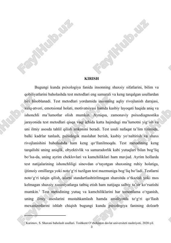 jarayonlarini takomillashtirishga ham xizmat qiladi. kurs ishining ahamiyati test metodining ahamiyati, avvalo, inson shaxsining psixologik xususiyatlarini ilmiy asosda baholash imkoniyatini berishida namoyon bo‘ladi. bu metod yordamida shaxsning aqliy rivojlanish darajasi, emotsional barqarorligi, shaxsiy sifatlari, ijtimoiy moslashuv darajasi va kasbiy layoqati kabi ko‘rsatkichlar aniq va obyektiv tarzda o‘lchanadi. test usullari bugungi kunda ta’lim tizimi, kadrlar siyosati, psixoterapiya, klinik psixologiya hamda ilmiy tadqiqotlarda eng ishonchli vositalardan biri sifatida keng qo‘llanilmoqda. test metodining yana bir muhim ahamiyati shundaki, u inson haqidagi ma’lumotlarni qisqa vaqt ichida to‘plash va ularni solishtirma tahlil qilish imkonini beradi. bu esa pedagogik va psixologik tashxis jarayonlarini yengillashtiradi, shuningdek, o‘quvchilarning bilim darajasini, shaxsiy rivojlanish bosqichlarini, kasbiy yo‘nalishini aniqlashda samarali natijalar beradi. test metodlari shaxsning ichki imkoniyatlarini, yashirin salohiyatini aniqlashda ham muhim ahamiyatga ega. to‘g‘ri tuzilgan testlar yordamida insonning kuchli va zaif tomonlarini bilish, unga individual yondashuvni tanlash, shuningdek, psixologik yordam ko‘rsatish jarayonini to‘g‘ri yo‘naltirish mumkin. shu jihatdan test metodining ahamiyati …