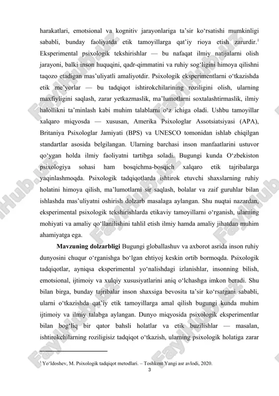 urtlarida eksperimental psixologiya fanining joriy etilishi, yangi avlod psixolog-mutaxassislar tayyorlanayotgani ushbu mavzuning dolzarbligini yanada oshiradi. chunki har bir tadqiqotchi inson ongini o‘rganishda nafaqat ilmiy natijaga, balki insoniy qadriyatlarni himoya qilishga ham mas’uldir. kurs ishining ahamiyati eksperimental psixologik tekshirishlarda etikaviy tamoyillarning o‘rganilishi nafaqat ilmiy izlanishlar sifatini oshirish, balki inson huquqlari va sha’nini himoya qilish nuqtayi nazaridan ham nihoyatda muhimdir. psixologik tajriba — bu inson ruhiyatiga bevosita ta’sir ko‘rsatadigan murakkab jarayon bo‘lib, unda har bir tadqiqotchi o‘z faoliyati davomida axloqiy mas’uliyatni to‘liq anglab harakat qilishi talab etiladi. shu boisdan, etik tamoyillarni chuqur o‘rganish va amaliyotda to‘g‘ri qo‘llash psixolog olimning kasbiy yetukligi, ilmiy halolligi va ijtimoiy mas’uliyatining eng muhim ko‘rsatkichlaridan biridir. psixologik eksperimentlarni o‘tkazishda ilmiy natijalarning ishonchliligini, shaffofligini va inson manfaatlariga mosligini ta’minlashga xizmat qiladi. etik tamoyillarni bilish va ularga amal qilish orqali tadqiqotchi tajriba ishtirokchilarining ruhiy holatini himoya qiladi, psixologik zarar yetkazilishining oldini oladi, ilmiy sohada ishonch muhitini shakllantiradi. o‘zbekiston sharoitida ham …