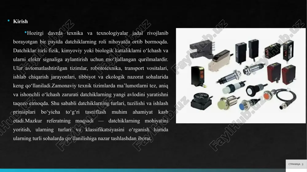lus qabul qilish, konversiya, signalni tozalash va tahlil qilish bosqichlaridan iborat. datchiklar stimulusni sezib, o'lchovning birlamchi bosqichini ta'minlaydi, masalan, sanoatda bosim datchigi (pressure sensor) piezoresistiv effektda ishlab, 0-100 bar oralig'ida 0.1% aniqlik beradi. bu rol nafaqat o'lchash, balki real vaqtda monitoringni ta'minlaydi, masalan, neft quvurlarida oqim datchiklari (flow sensors) ultratovush orqali sarfni nazorat qiladi va nosozliklarni oldindan aniqlaydi.datchiklarning ro’li o'lchov xatolarini kamaytirishda ham muhim: ular yuqori rezolyutsiyaga ega bo'lib, minimal o'zgarishlarni sezadi, masalan, lazer interferometriya datchiklari 1 nm gacha aniqlik beradi. o'lchov jarayonida datchiklar tizimning markaziy elementi bo'lib, ular orqali kalibrlash va validatsiya amalga oshiriladi stranitsa 8 datchiklarning klassifikatsiyasi datchiklar zamonaviy texnologiyalarning asosiy komponentlaridan biri bo'lib, ular atrof-muhitdagi fizik jarayonlarni sezish va ularga mos ravishda ma'lumot berish orqali murakkab tizimlarning samarali ishlashini ta'minlaydi. datchiklarning klassifikatsiyasi ularning funksional xususiyatlari, texnik parametrlar va amaliy qo'llanilishiga asoslanib amalga oshiriladi. ushbu klassifikatsiya datchiklar tanlash va loyihalash jarayonlarida muhim rol o'ynaydi, chunki har bir turdagi …
