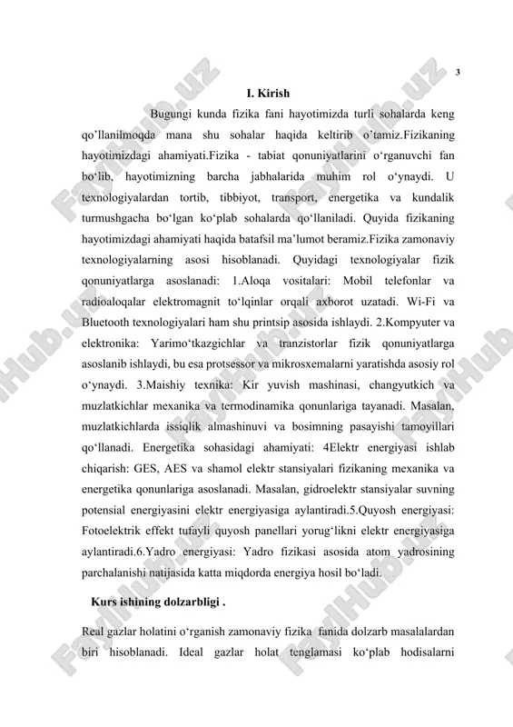 echish uchun zarur bo‘lgan matematik va fizik ko‘nikmalarni shakllantiradi. kurs ishining obyekti. oliy ta’lim muassalarida real gaz holat tenglamalari tushunchasining mohiyati,van-der-vaals tenglamasini matematek modellarini qo’llanilishi haqida keng ko'lami va chegarasi mavzusi yuzasidan muzokaralar olib borishni tashkil qilish jarayoni. kurs ishining predmeti. oliy ta'lim muassasalarida real gaz holat tenglamasi,xususan,van-der-vaals tenglamasi va boshqa empirik modellari tushunchasining mohiyati, ko'lami va chegarasi mavzusi yuzasidan nazariy bilimlarni o'rgatish usullari va vositalari. kurs ishining amaliy ahamiyati.real gaz holat tenglamalarini o’rganish turli sanoat sohalarida,jumladan,kimyo,energetika va gaz sanoatida gazlarning fizik-kimyoviy xususiyatlarini aniq baholash va prognoz qilish imkonini beradi.shuningdek,real gaz tenglamalaridan foydalangan holda texnologik jarayonlarni modellashtirish va samaradorligini oshirish mumkin. kurs ishining maqsadi.real gazning fizik xususiyatlarini va ularni holatini ifodalovchi tenglamalarni o’rganish hamda real gaz holat tenglamalarimgi matematik modellari yordamida gazlarni bosim,hajm va harorat orasidagi bog’liqliklarni tahlil qilishdan iborat.real gaz holat tenglamalarining nazariy asoslarini va amaliy qo’llanilish sohalarini o’rganishdan iborat. kurs ishining vazifalari. oliy ta'lim muassasalarida real gazlarning nazariy …